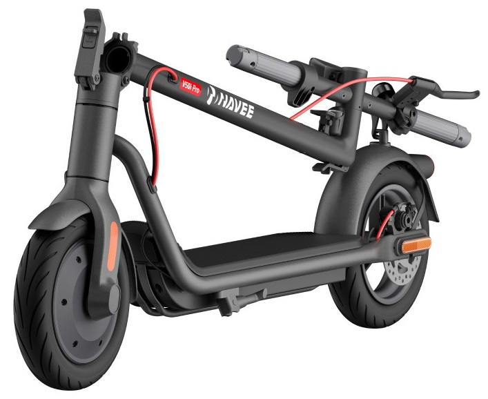 Czarna hulajnoga elektryczna na białym tle. Ma czerwony kabel, czarne koła i logo HAVEE.