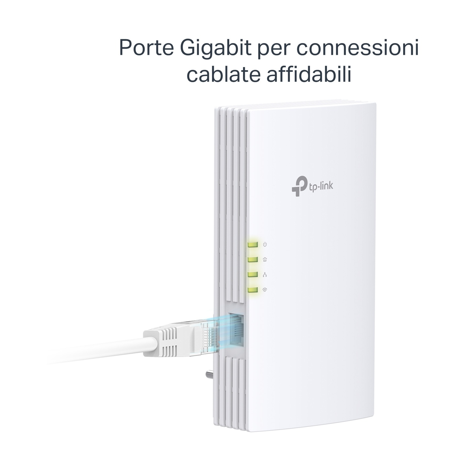 Un dispositivo TP-Link bianco con un cavo collegato.