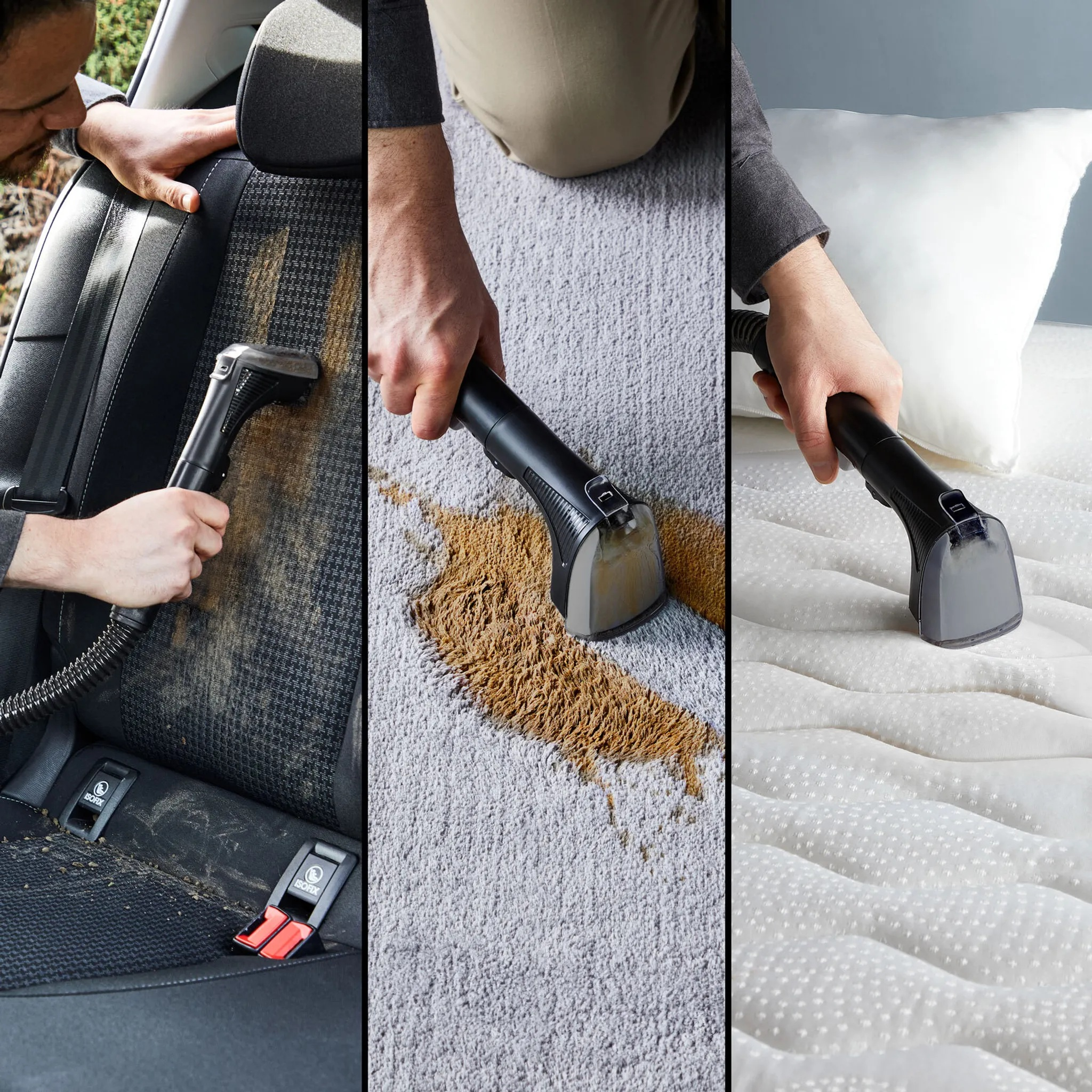 Odkurzacz używany na siedzeniu samochodowym, dywanie i materacu.