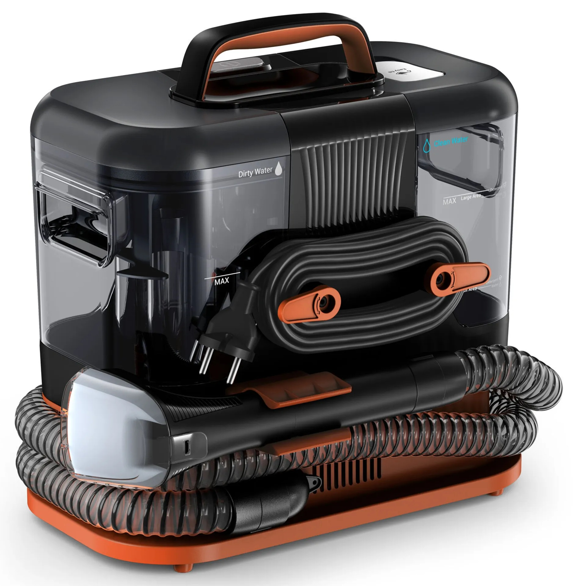 Czarno-pomarańczowy odkurzacz do dywanów. Czarny wąż i dysza. Pomarańczowa podstawa.