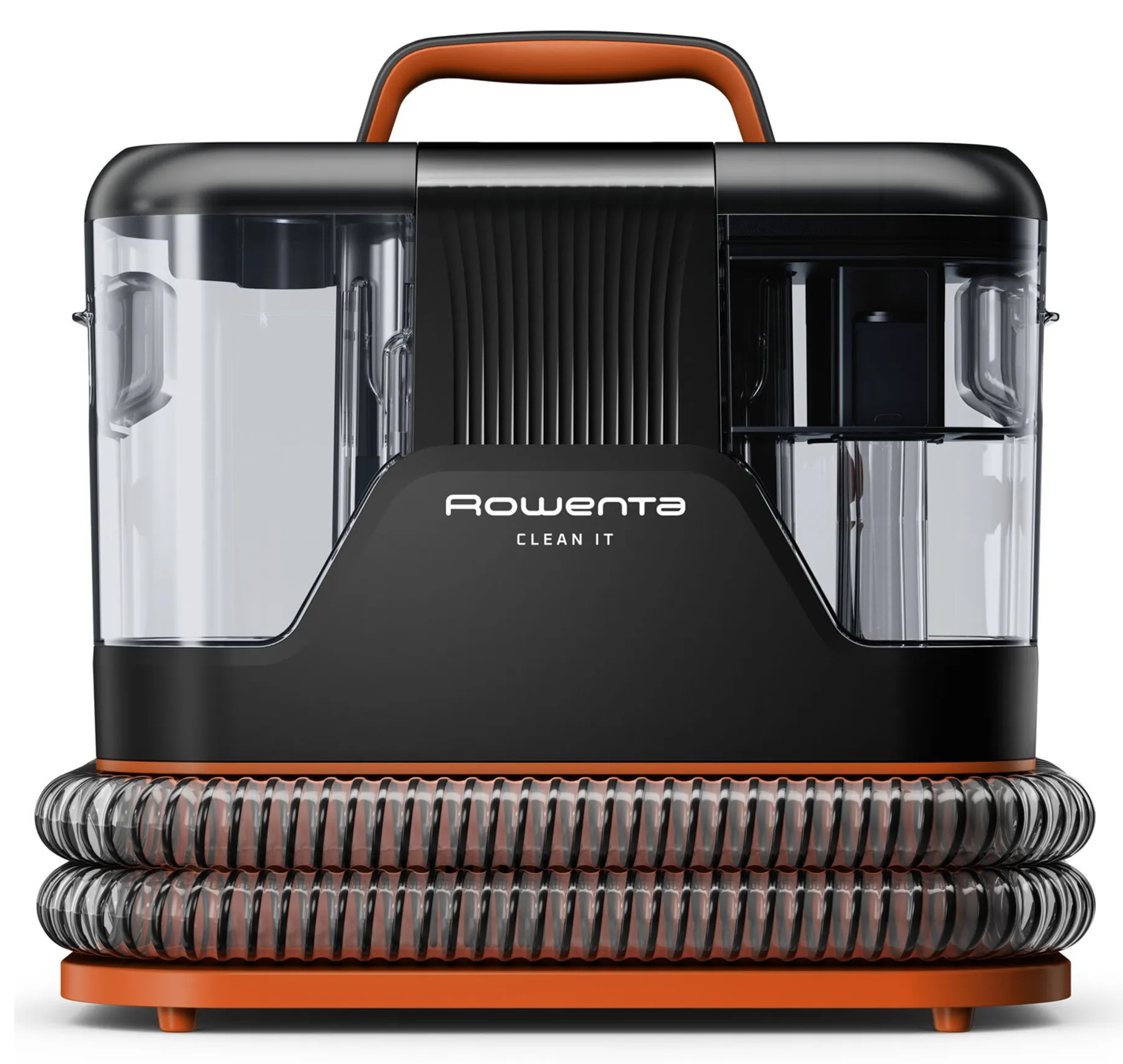 Czarno-pomarańczowa maszyna czyszcząca z uchwytem. Przezroczyste pojemniki na wodę. Białe tło.