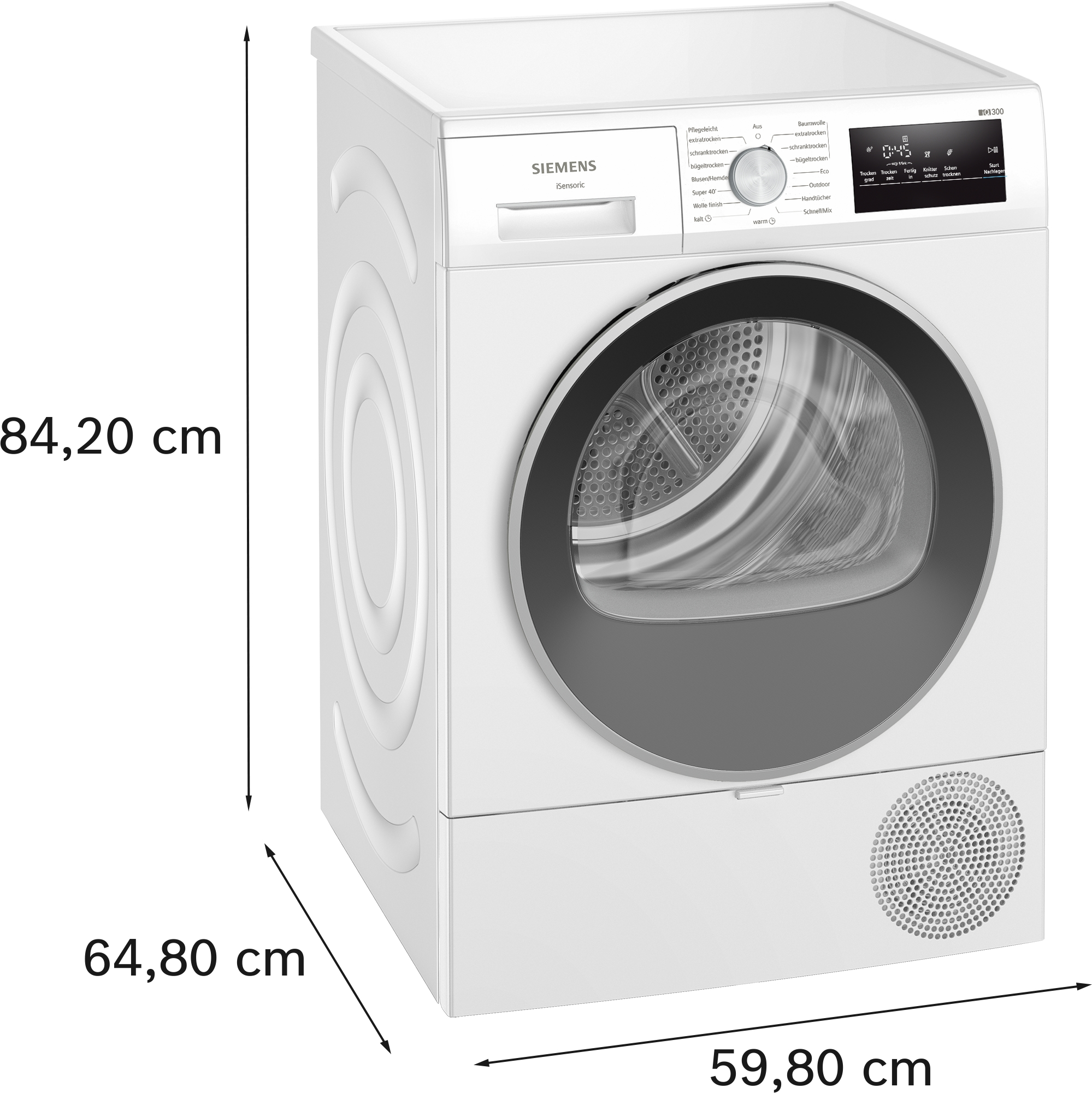 Ein weißer Siemens-Trockner mit runder Tür, Bedienfeld und Maßangaben an der Seite.