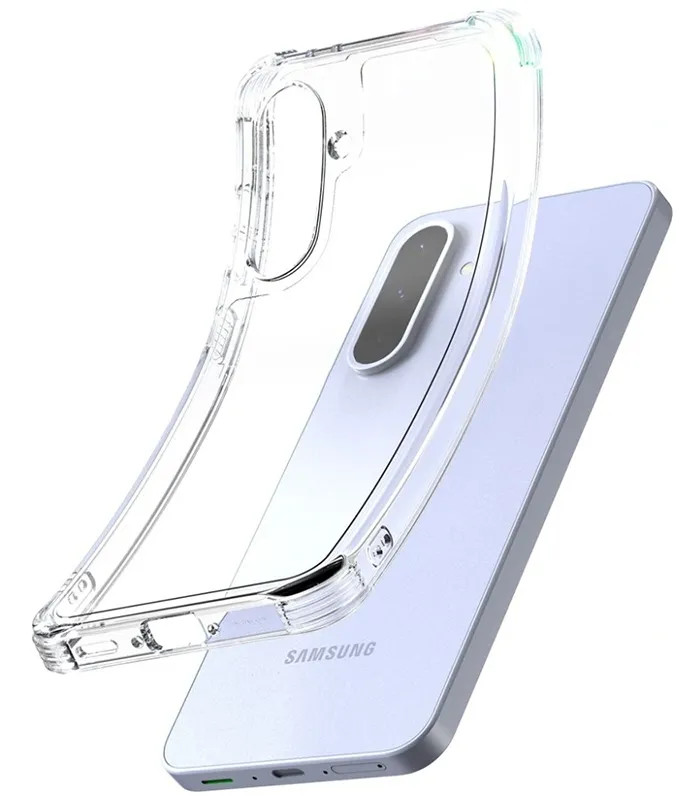 Przezroczyste etui na telefon umieszczono na jasnofioletowym telefonie.