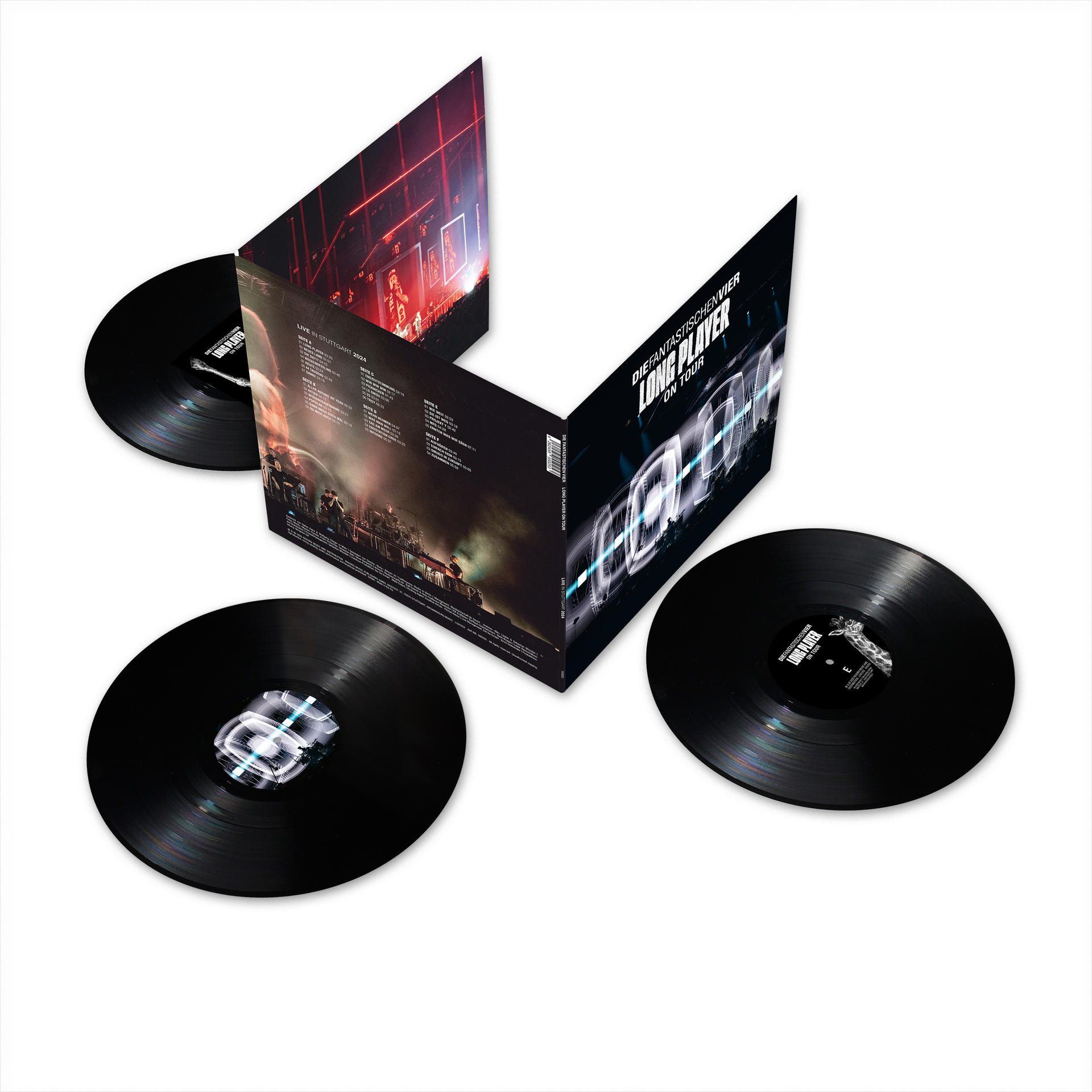 Schallplatten in einer Hülle, mit geöffneter Hülle, die Kunstwerke zeigt. Weißer Hintergrund.