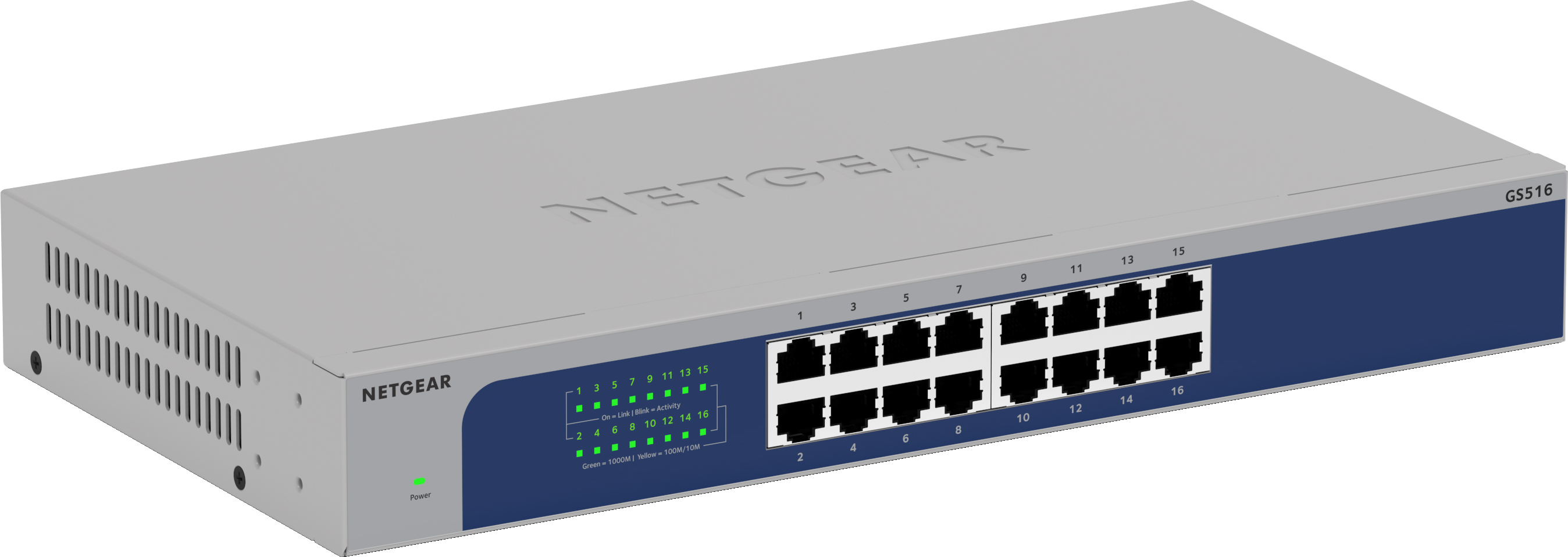 Un commutateur réseau Netgear avec 16 ports, des LED et le logo Netgear.