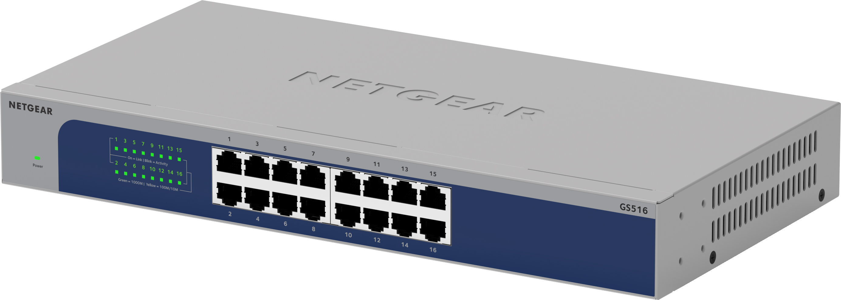 Un commutateur Netgear GS516 gris. Il possède 16 ports et des voyants LED indiquant l'activité.