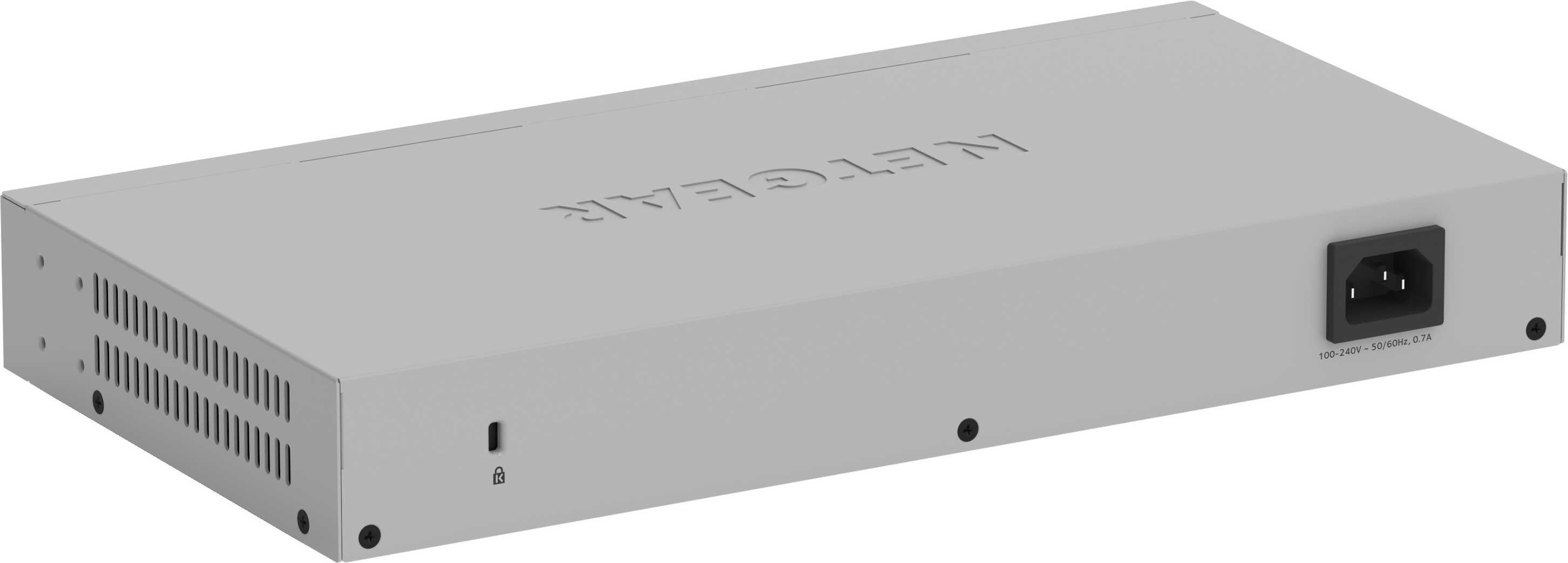 Commutateur Netgear argenté avec port d'alimentation.