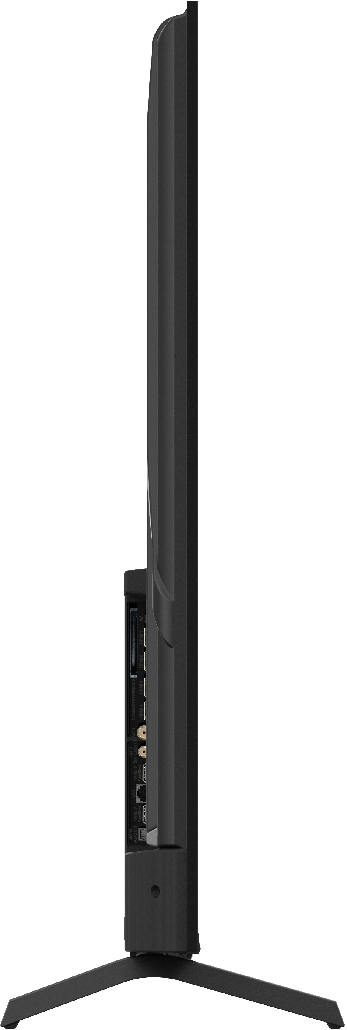Une vue latérale d'un téléviseur noir avec un support est montrée.