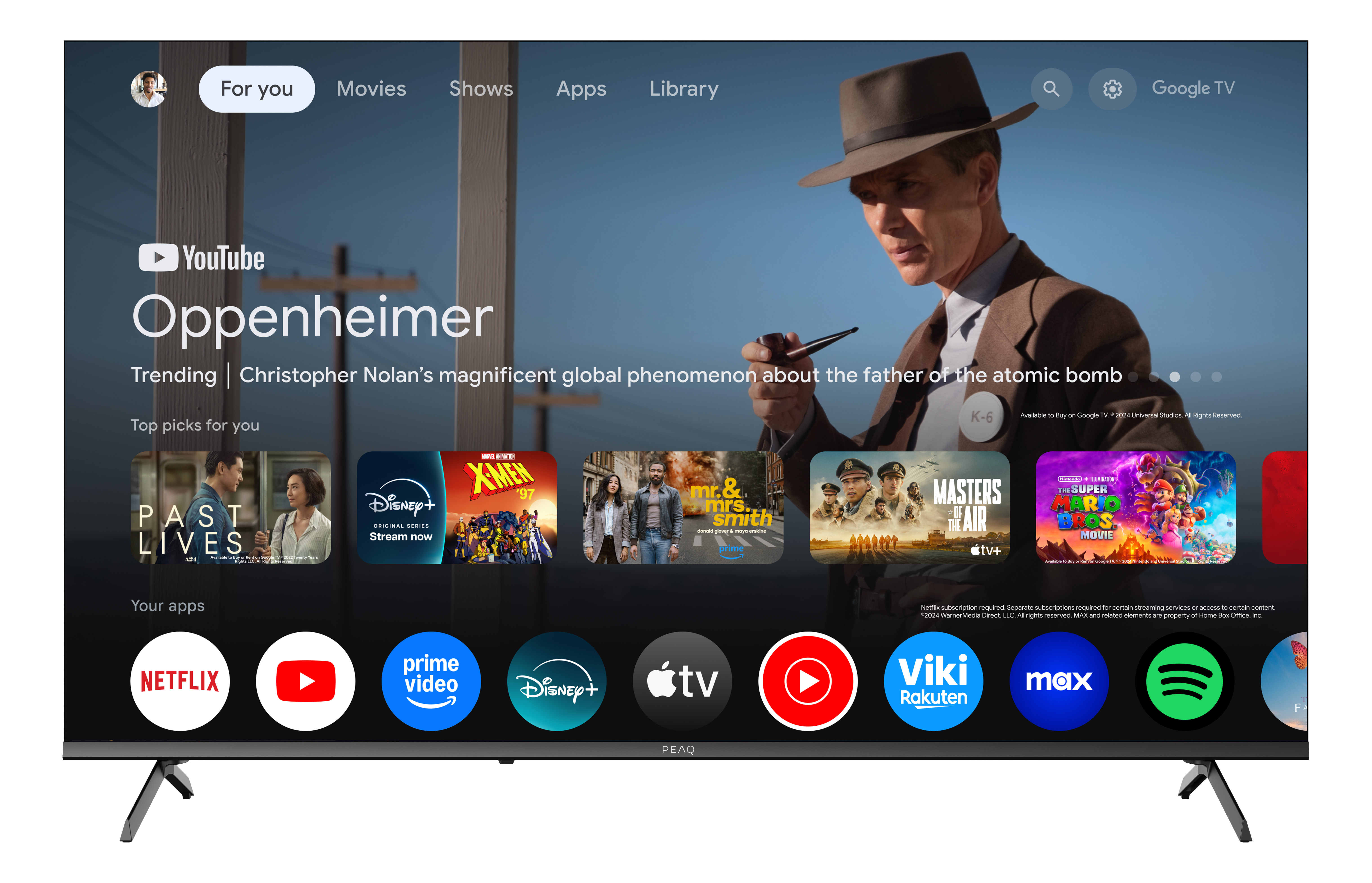 Écran de télévision affichant une scène de film. Homme avec un chapeau, titre et icônes d'applications de streaming.