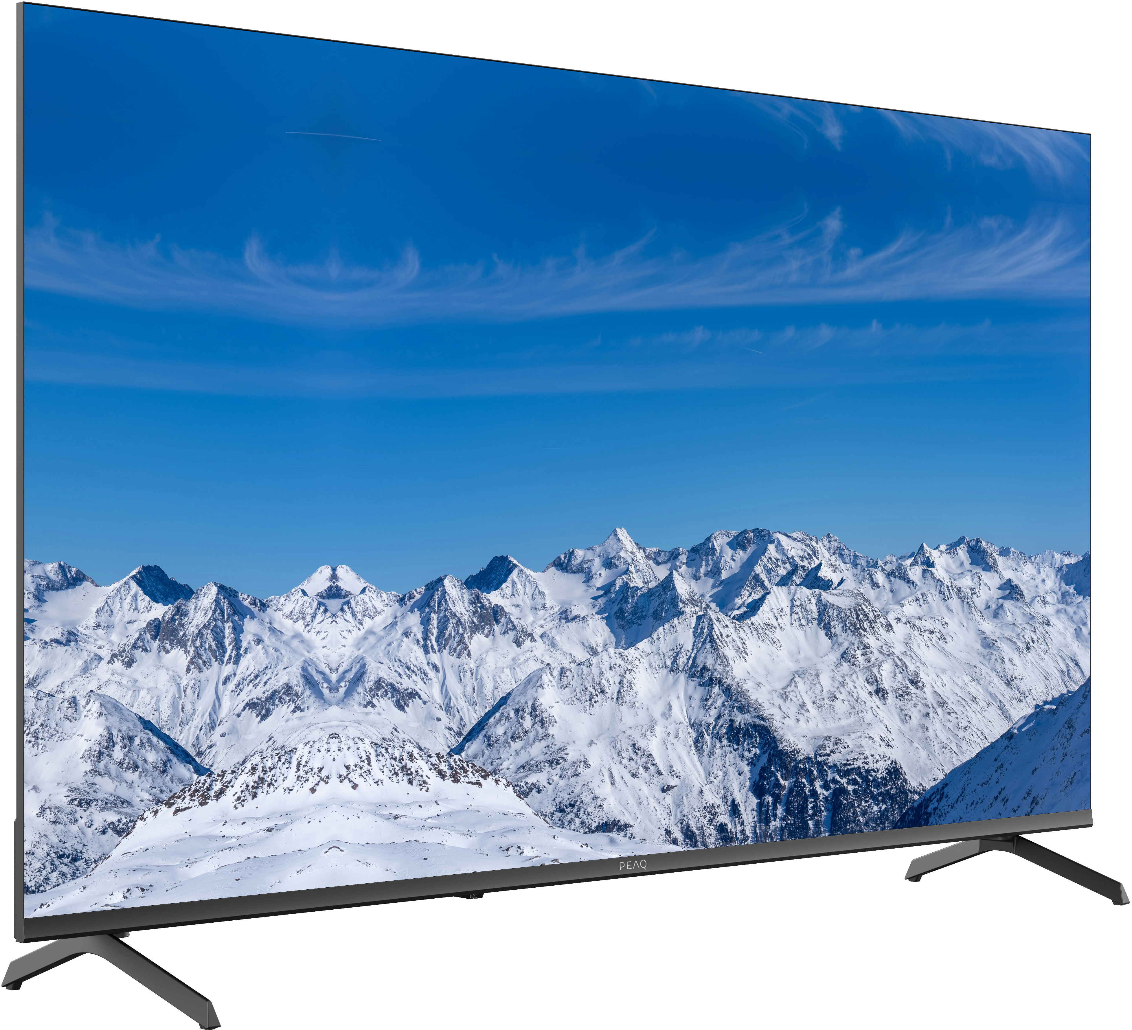 Grande télévision avec vue sur les montagnes enneigées. Ciel bleu. Support noir.