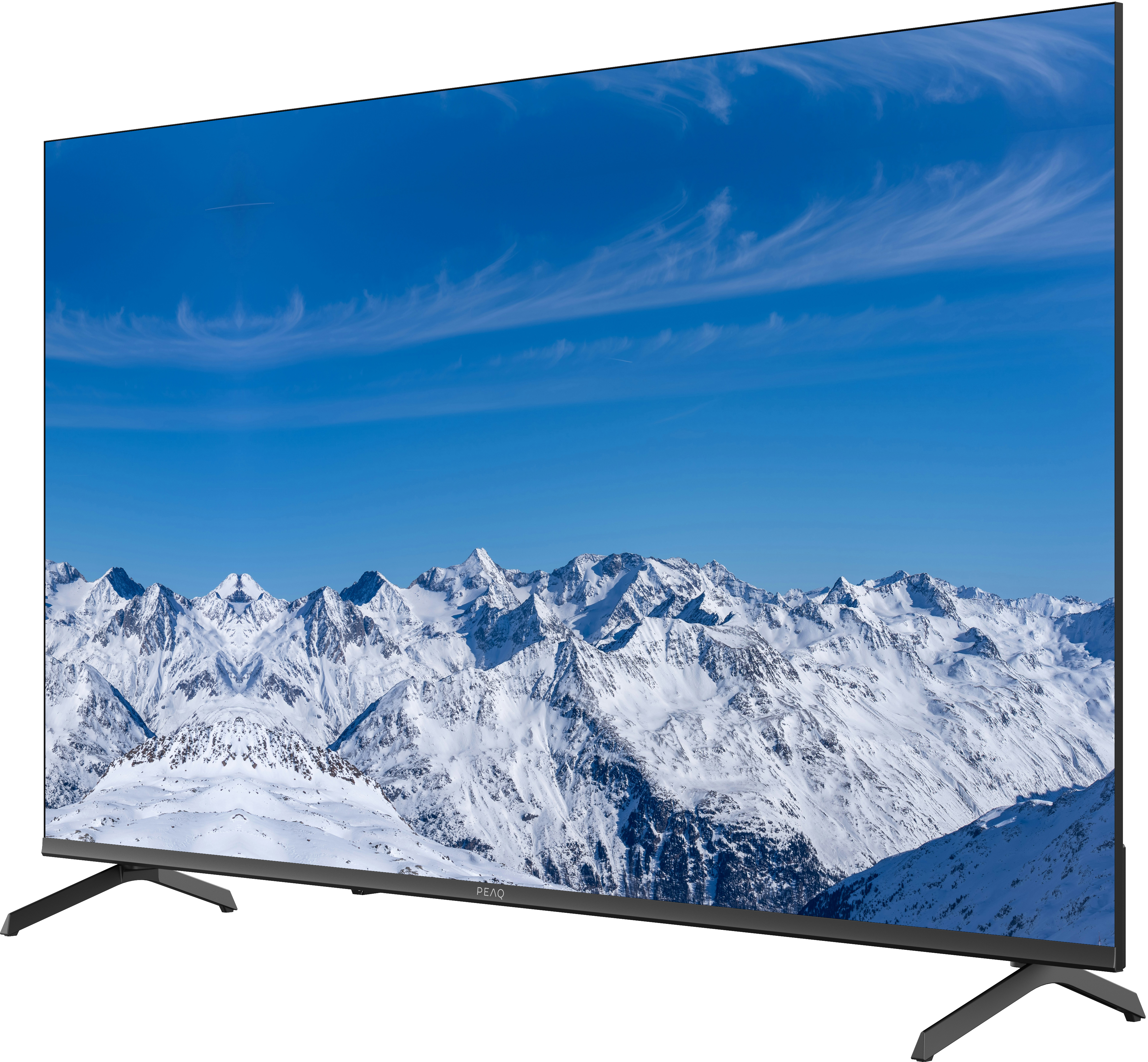 Un écran de télévision montrant une scène de montagne enneigée avec un ciel bleu.