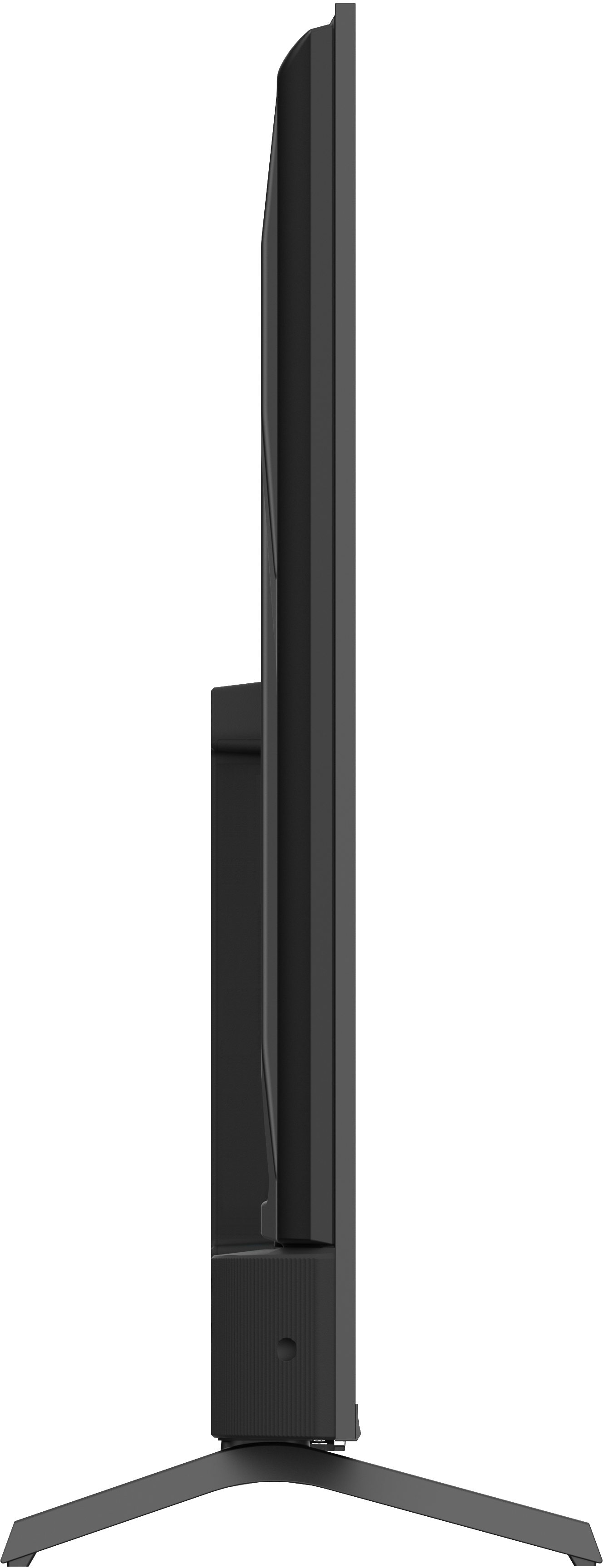 Vue de profil latéral d'un téléviseur noir sur un pied, montrant son design élégant.