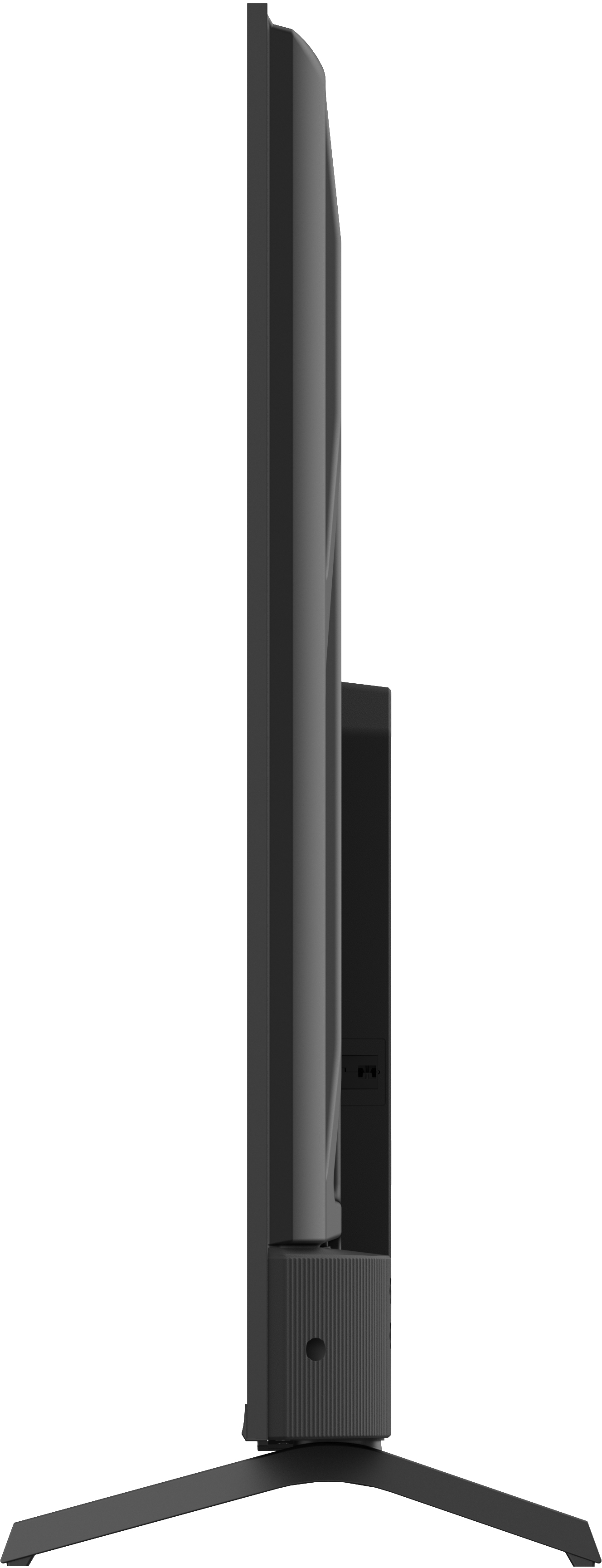 Téléviseur noir, vue latérale. L'écran est noir. A un pied.