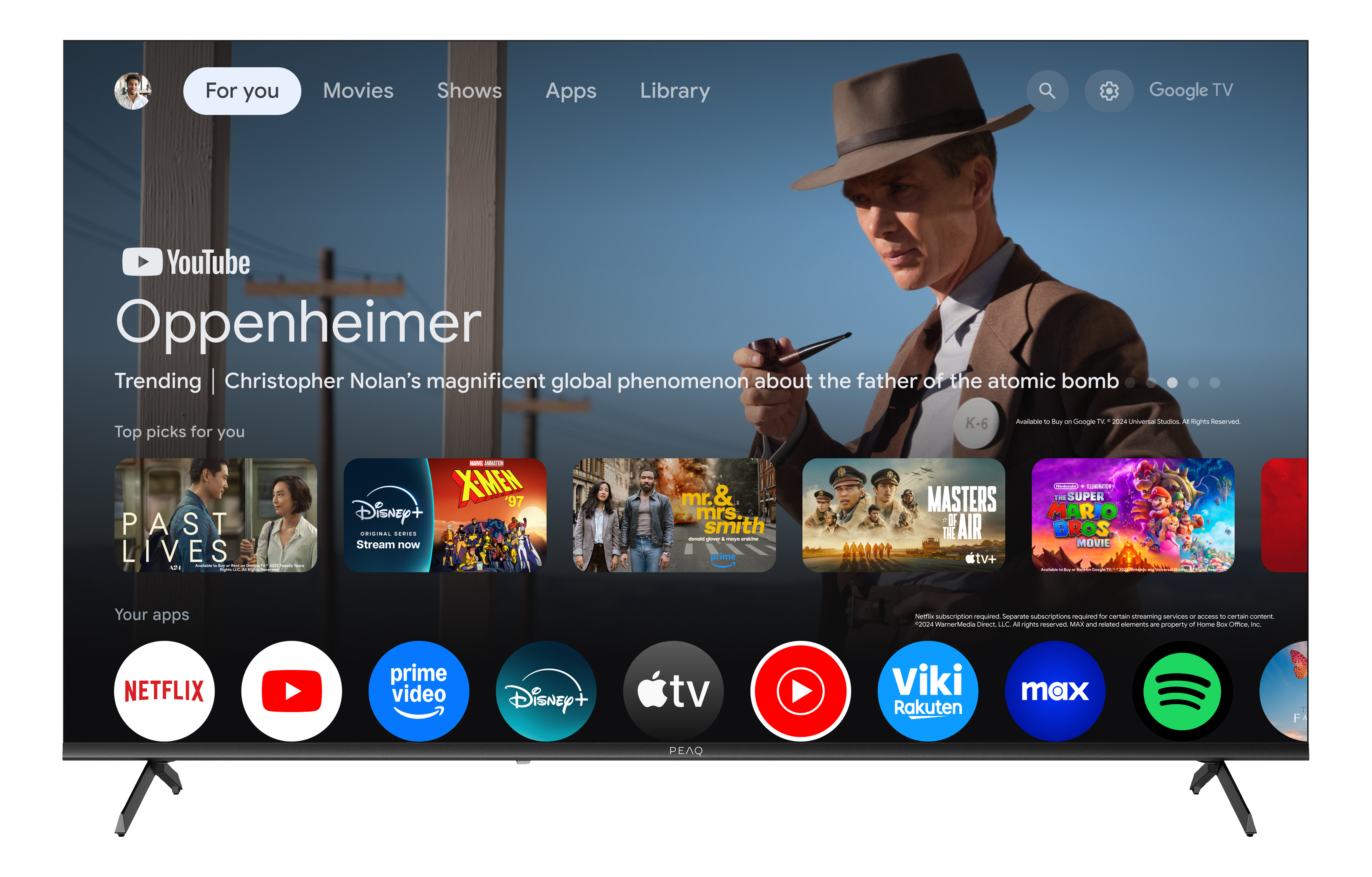 Fernsehbildschirm mit dem Film Oppenheimer und App-Symbolen. Schwarzer Rahmen.