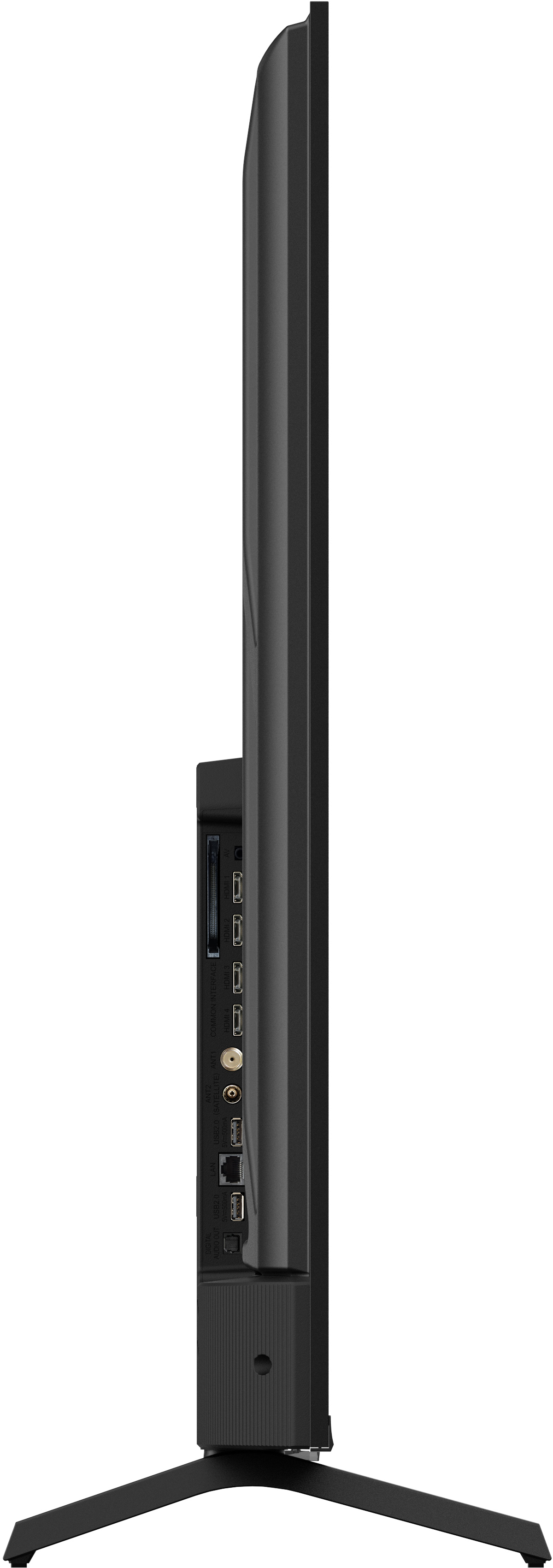 Seitenansicht eines modernen, schwarzen Fernsehers auf einem Ständer mit minimalistischem Design.