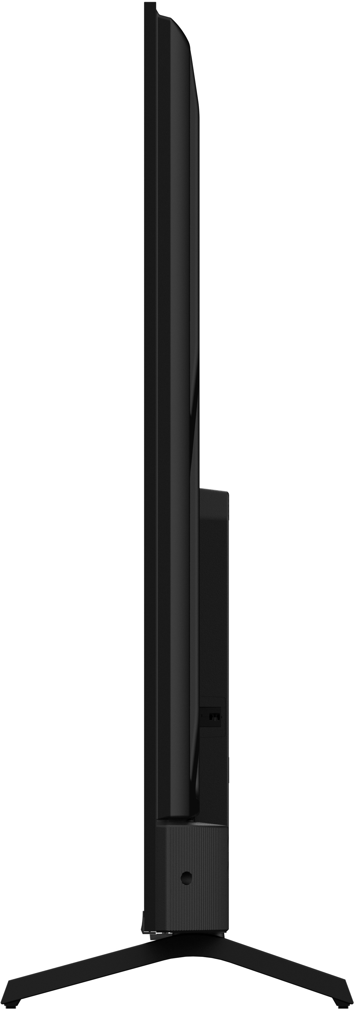 Schwarzer Fernseher, Seitenansicht, auf Ständer. Schwarzer Rahmen, schlankes Design. Weißer Hintergrund.