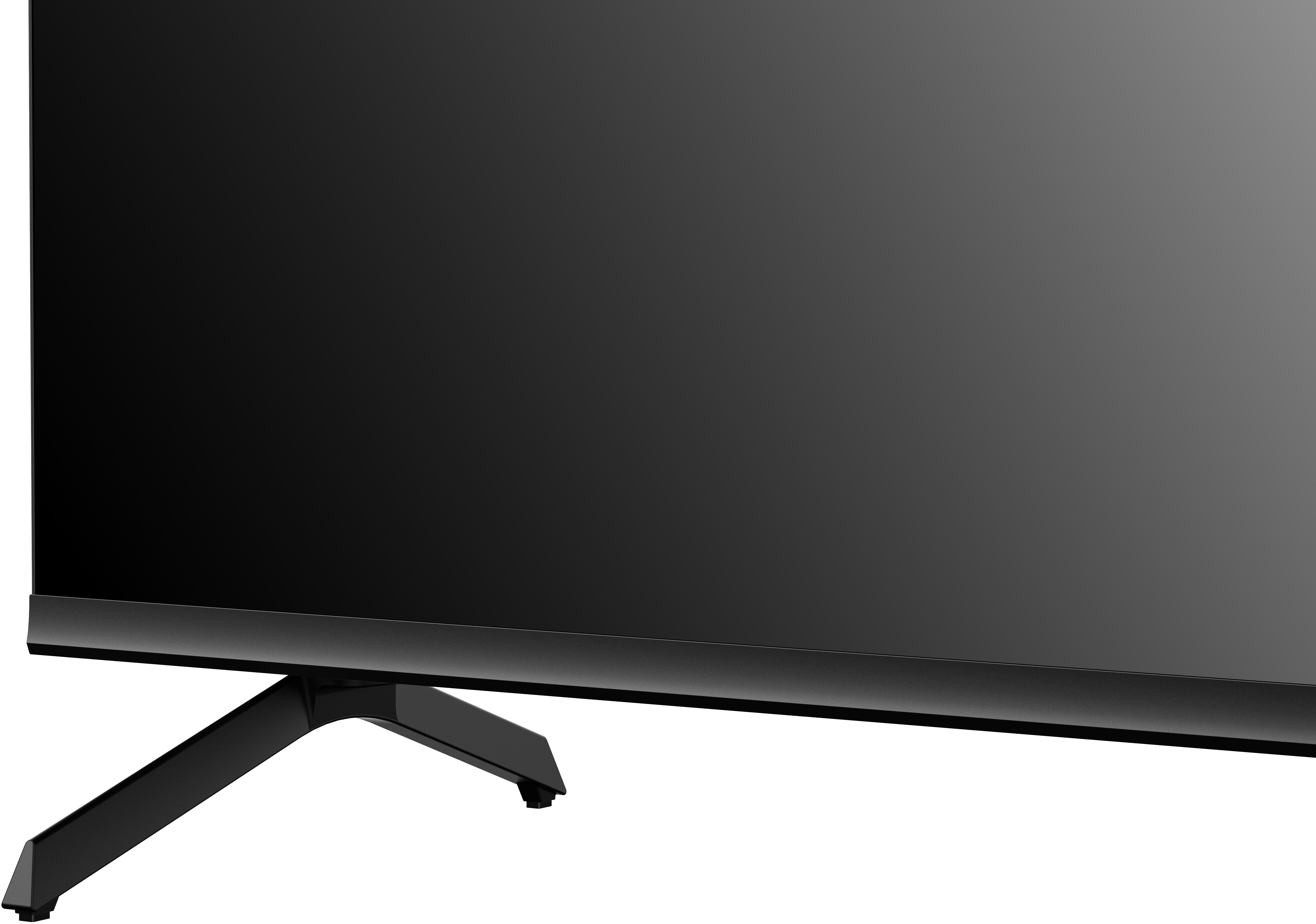 Ein schwarzer Fernseher mit Ständer. Der Bildschirm ist dunkel. Der Ständer ist schwarz und abgewinkelt.