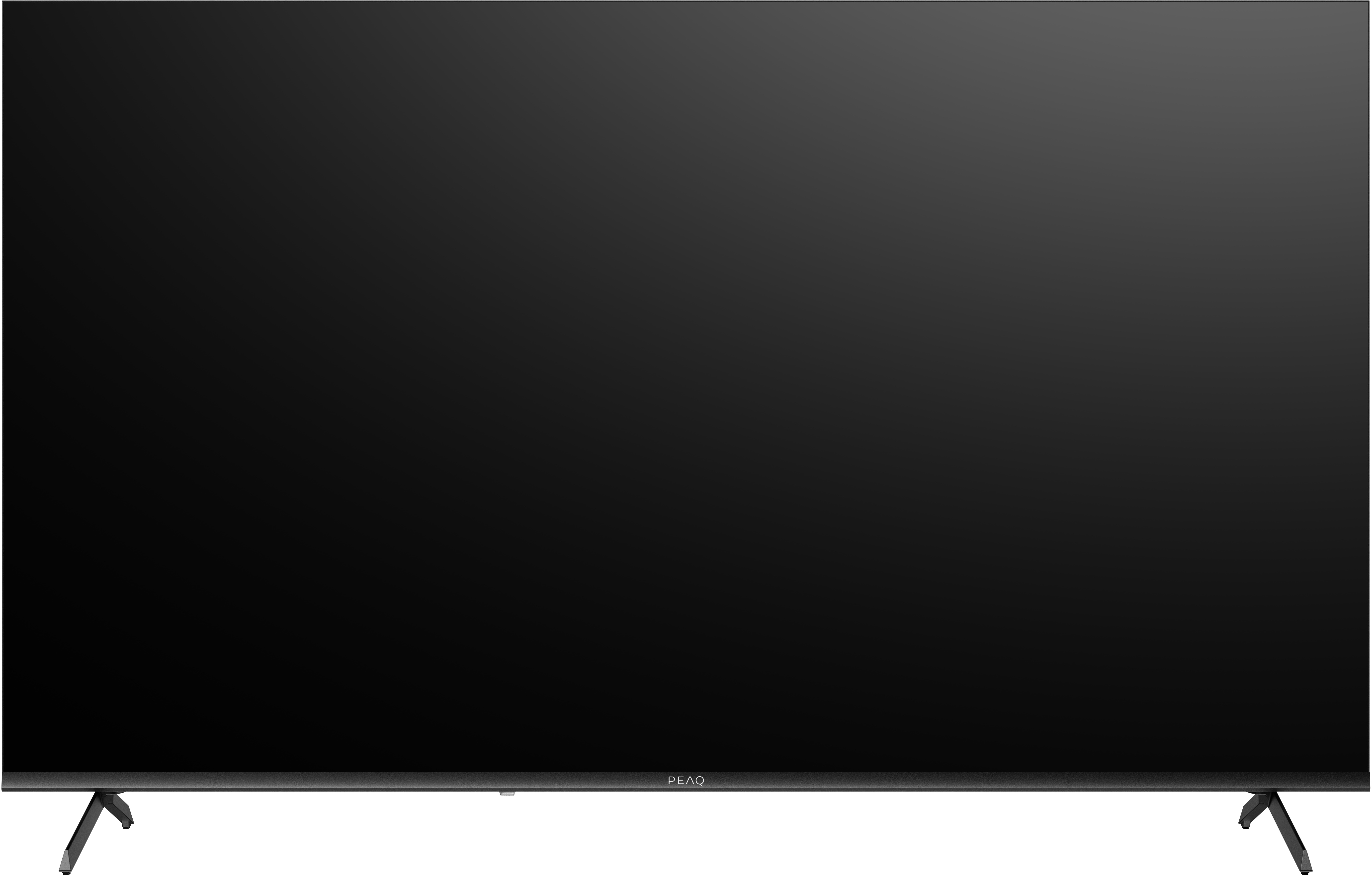 Großer schwarzer Fernseher mit dünnen Beinen, PEAQ-Logo unten.
