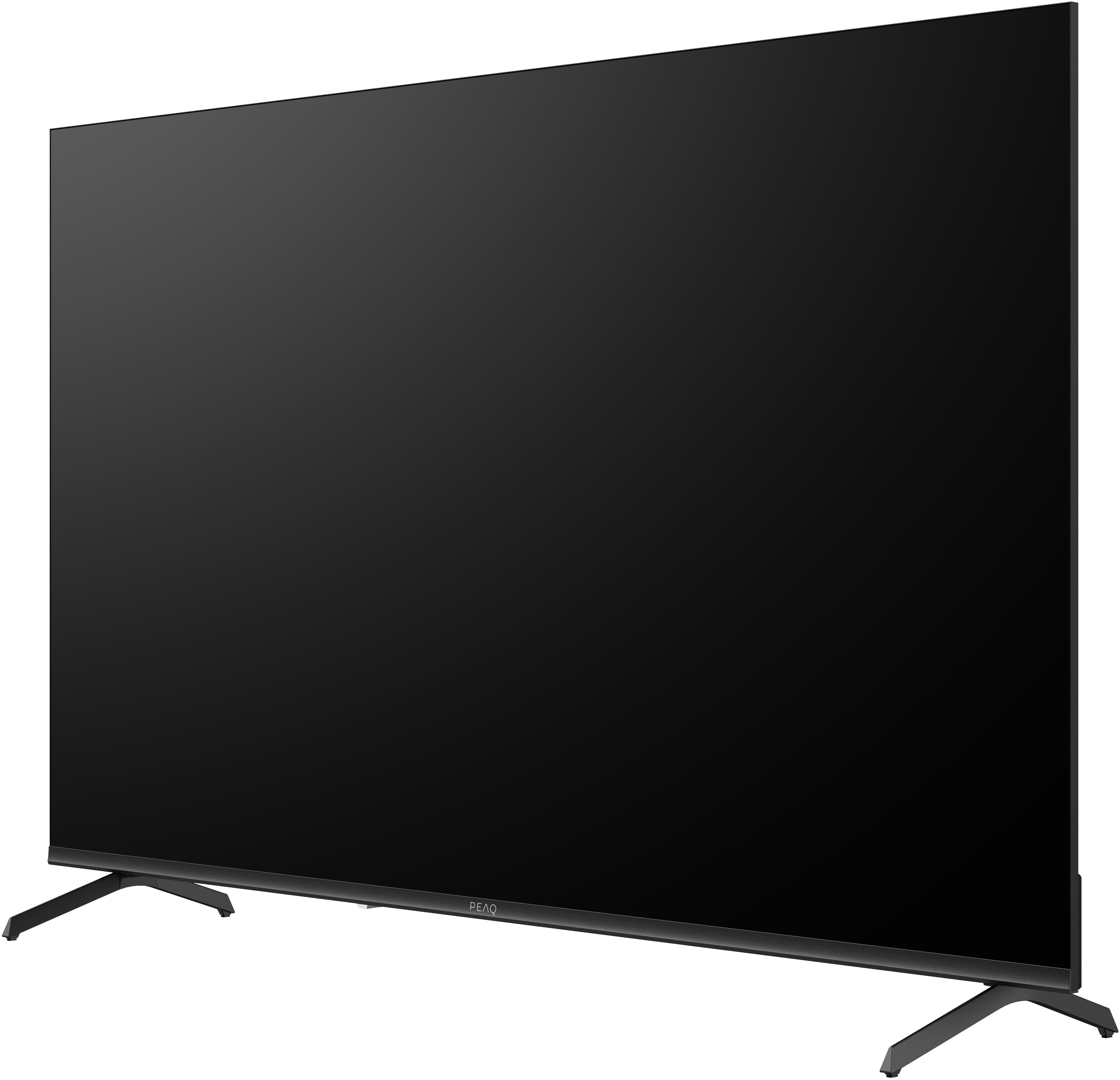 Großer schwarzer Fernseher, Seitenansicht, mit dünnen schwarzen Beinen, auf weißer Oberfläche.