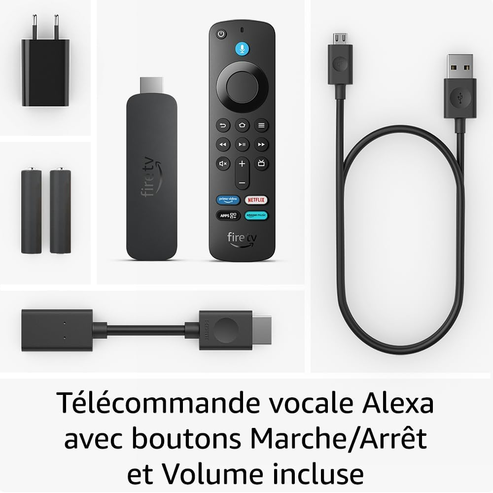 Une clé Fire TV et une télécommande avec des boutons sur fond blanc.