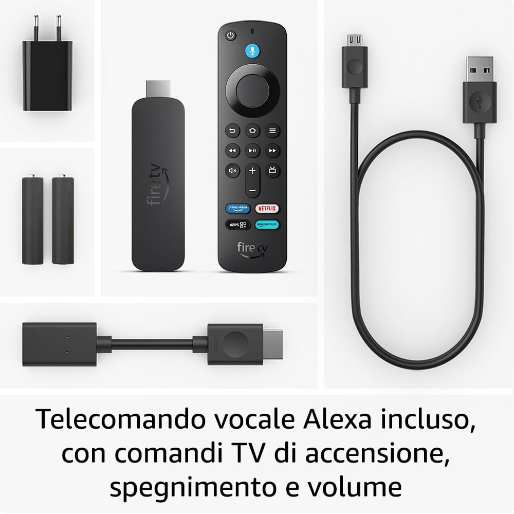 Telecomando e accessori Fire TV: caricatore, batterie, cavo HDMI, tutto su sfondo bianco.
