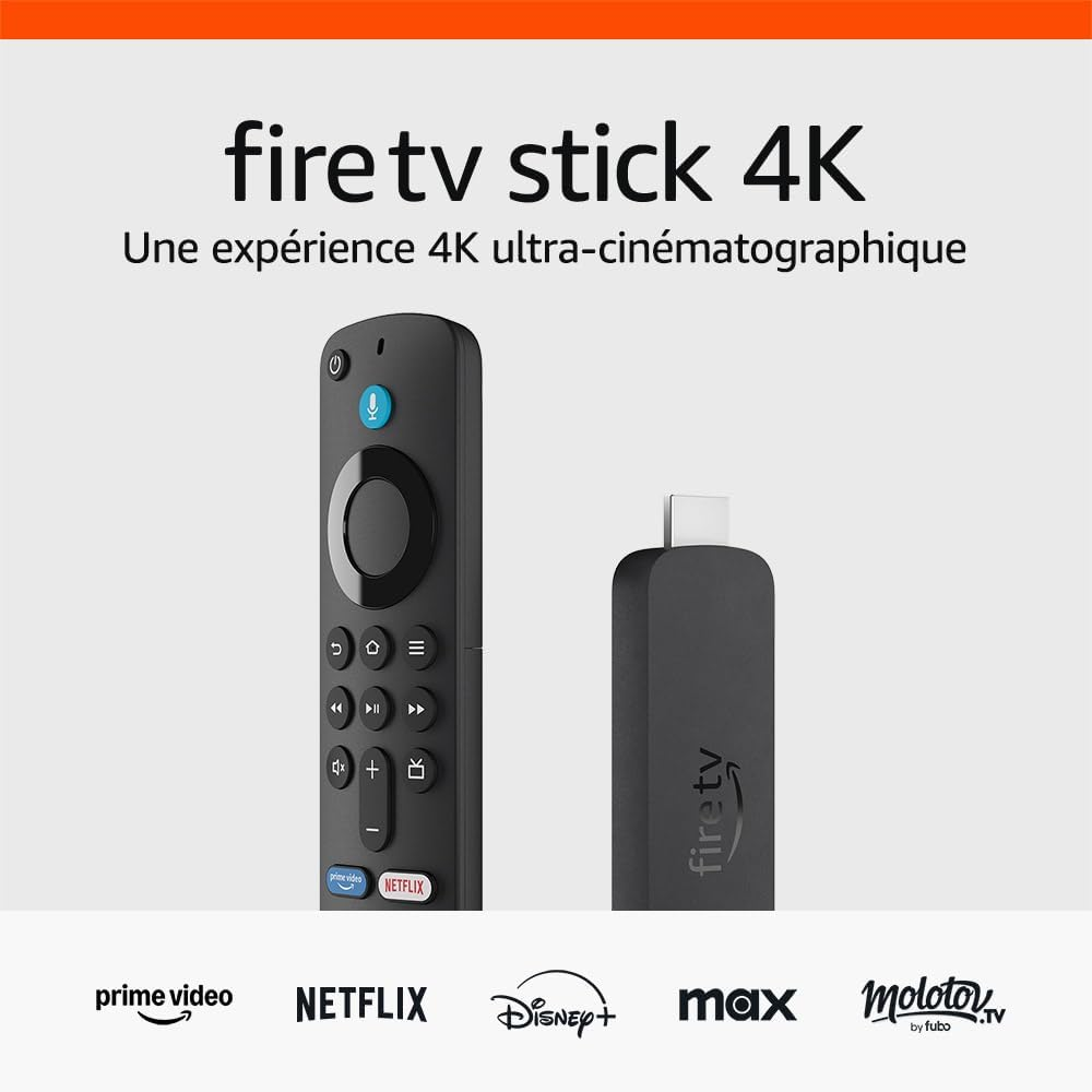 Fire TV Stick 4K. Télécommande et stick noirs. Texte : Fire TV Stick 4K, Une expérience 4K ultra-cinématographique.