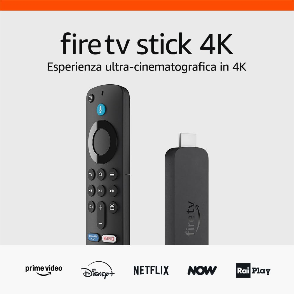 Un Fire TV Stick 4K e un telecomando, con i loghi dei servizi di streaming.