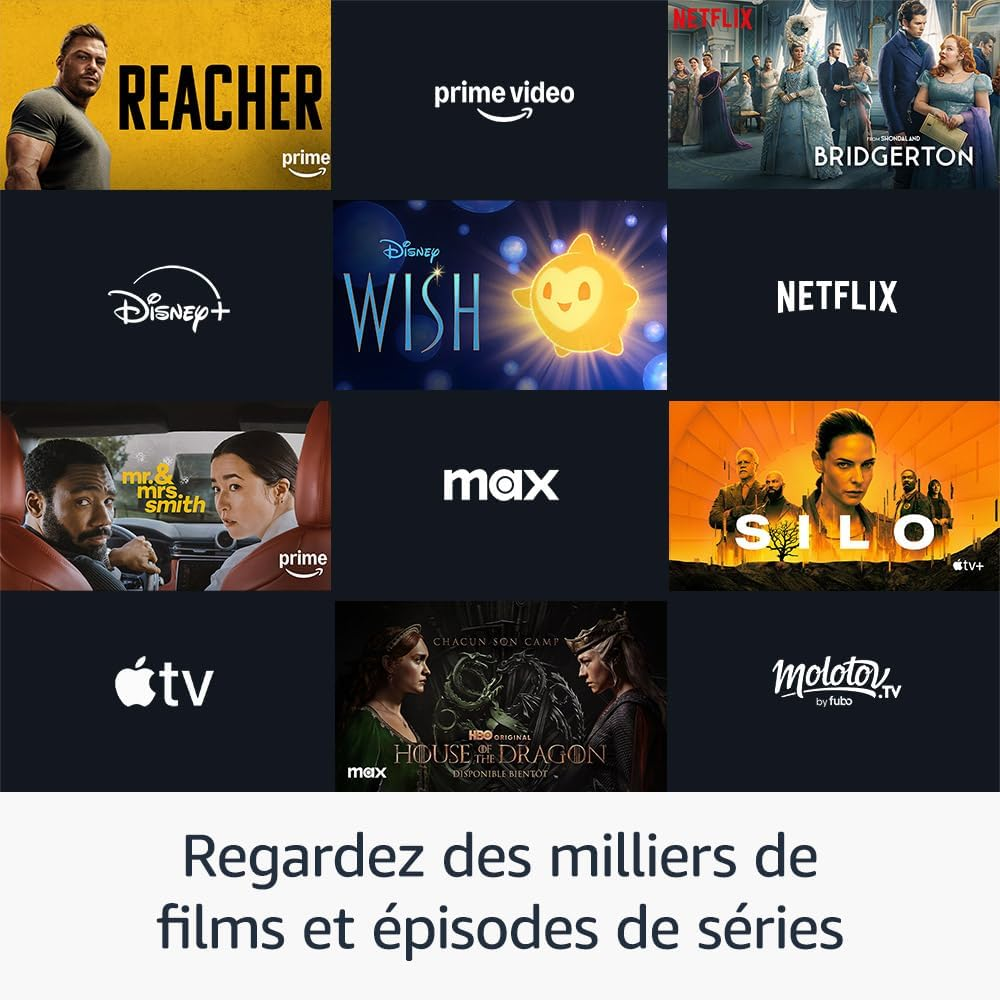 Une grille de logos de services de streaming, dont Prime Video, Disney+, Netflix, et autres.