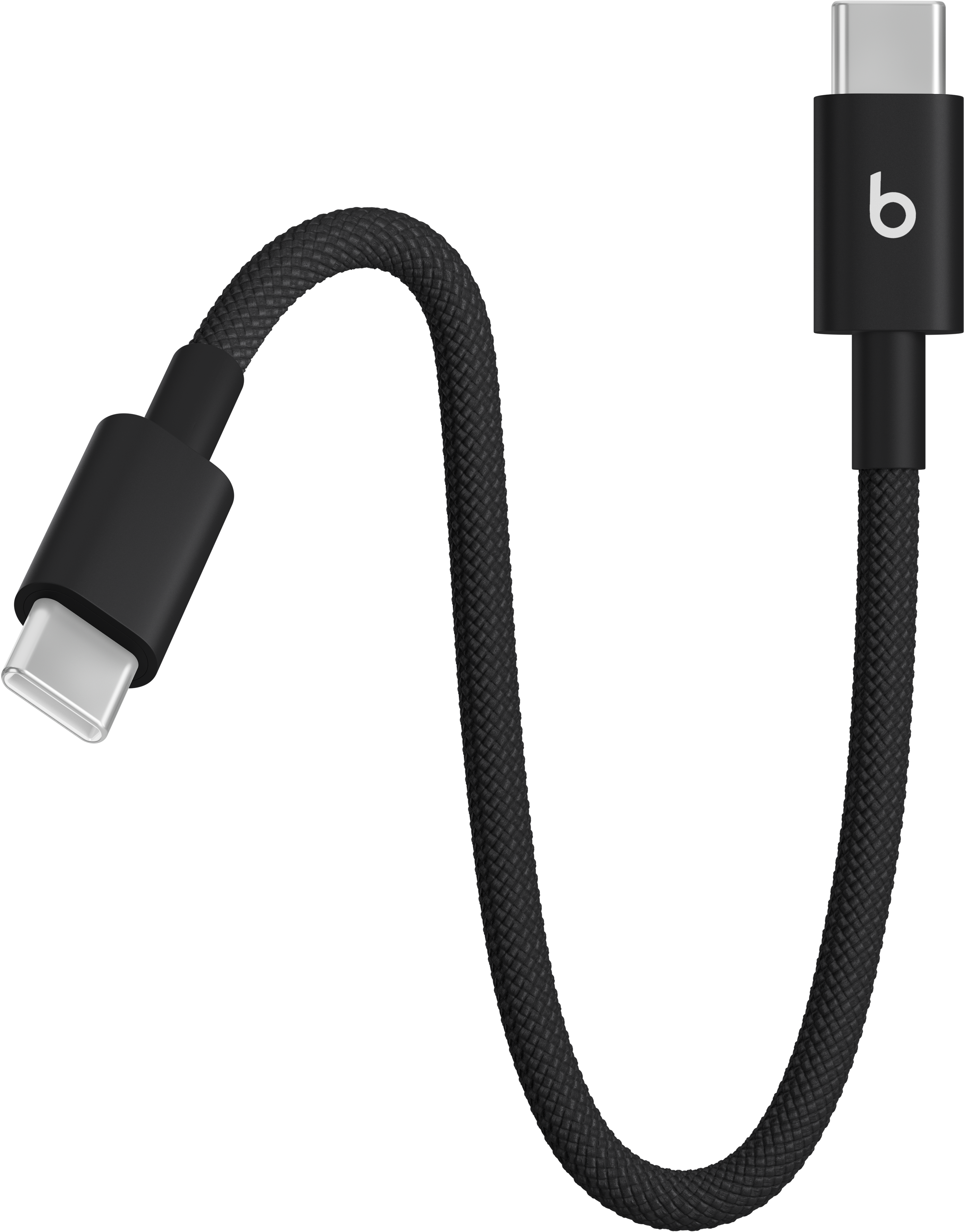 Ein schwarzes USB-C-Kabel mit gewebter Textur wird auf schwarzem Hintergrund angezeigt.