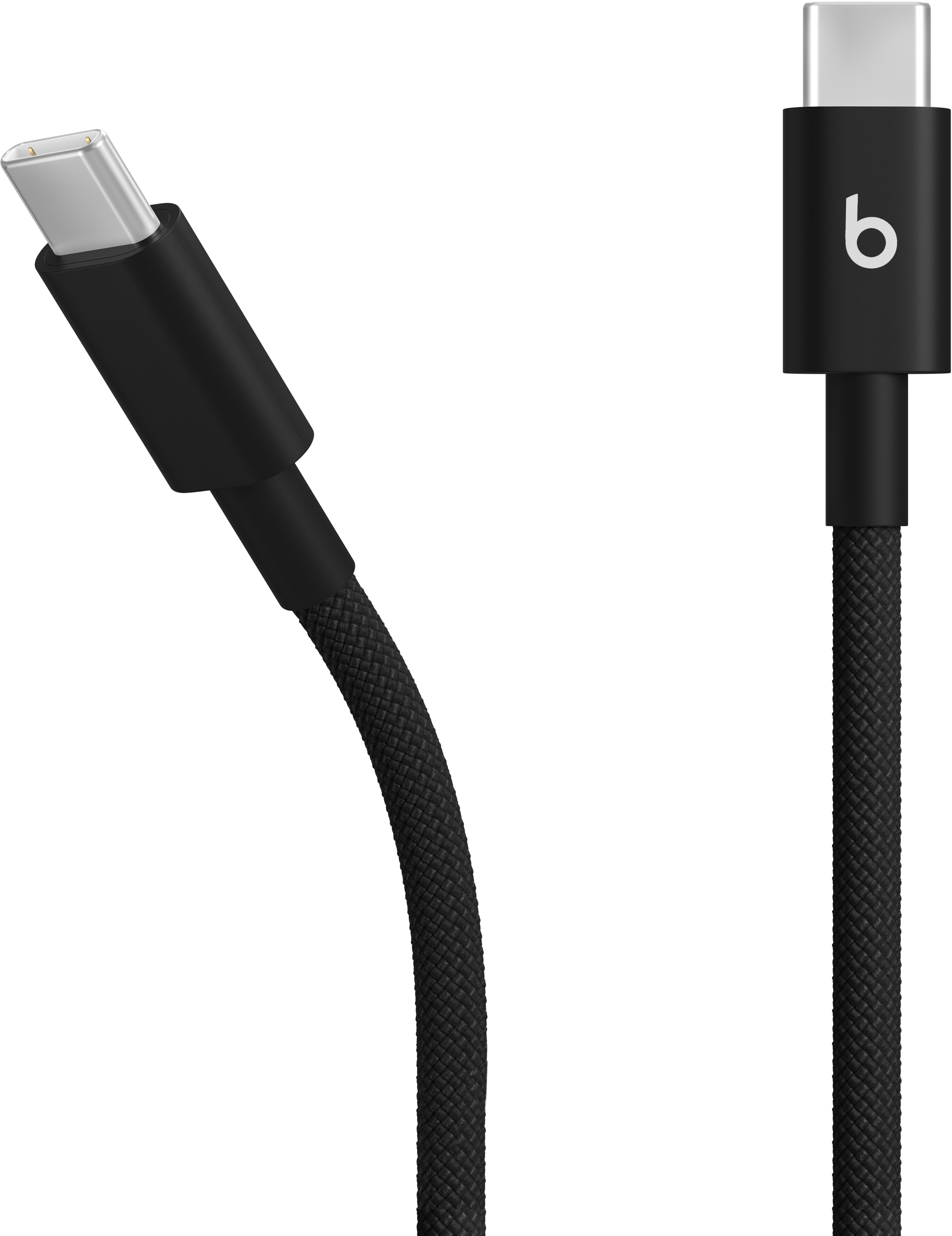 Schwarzes USB-C-Kabel, mit einem USB-C-Anschluss an einem Ende und einem 'b'-Logo am anderen.