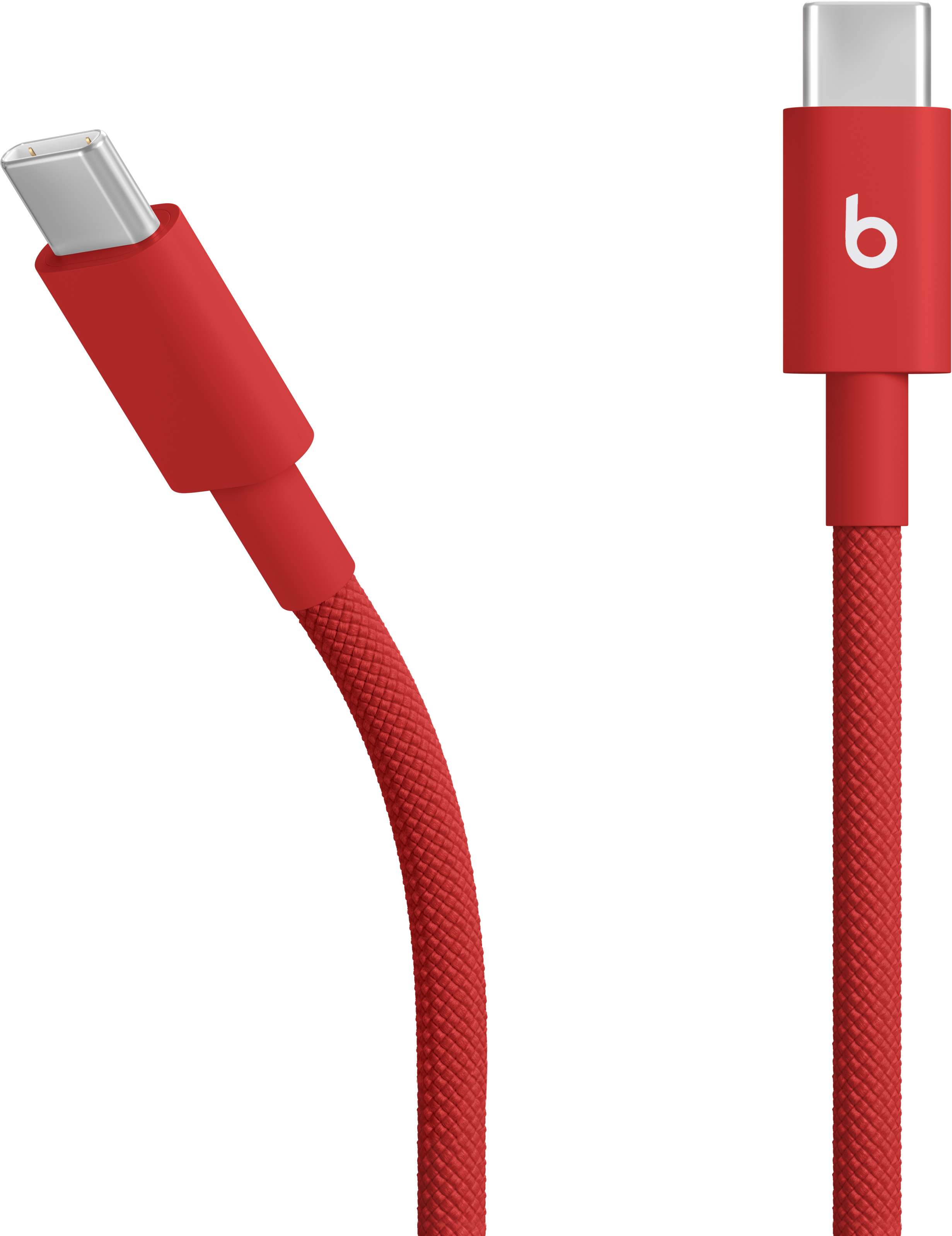 Rotes USB-C-Kabel mit Beats-Logo auf schwarzem Hintergrund.