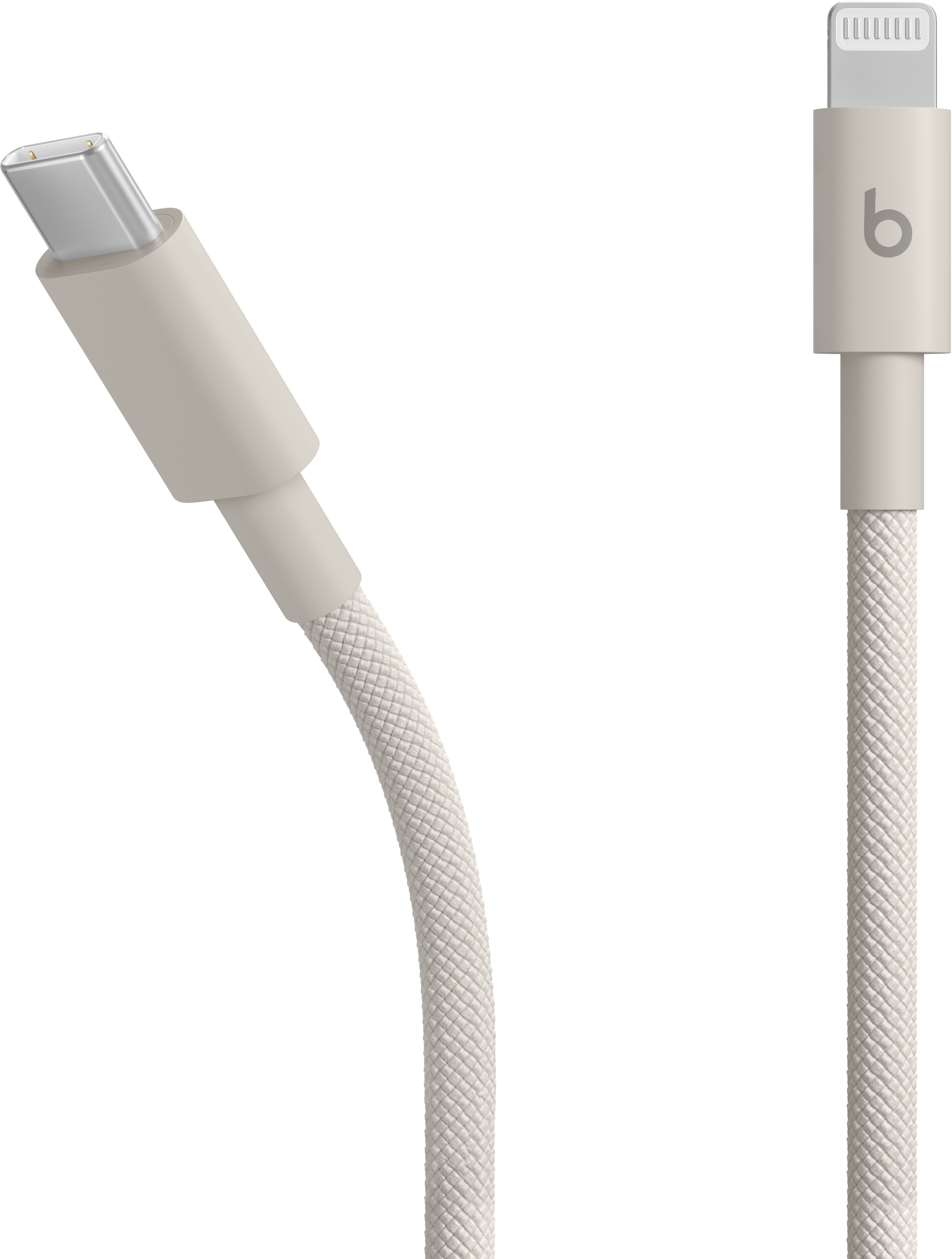 Beats-Kabel mit USB-C- und Lightning-Anschluss. Weißes Kabel, graue Details.