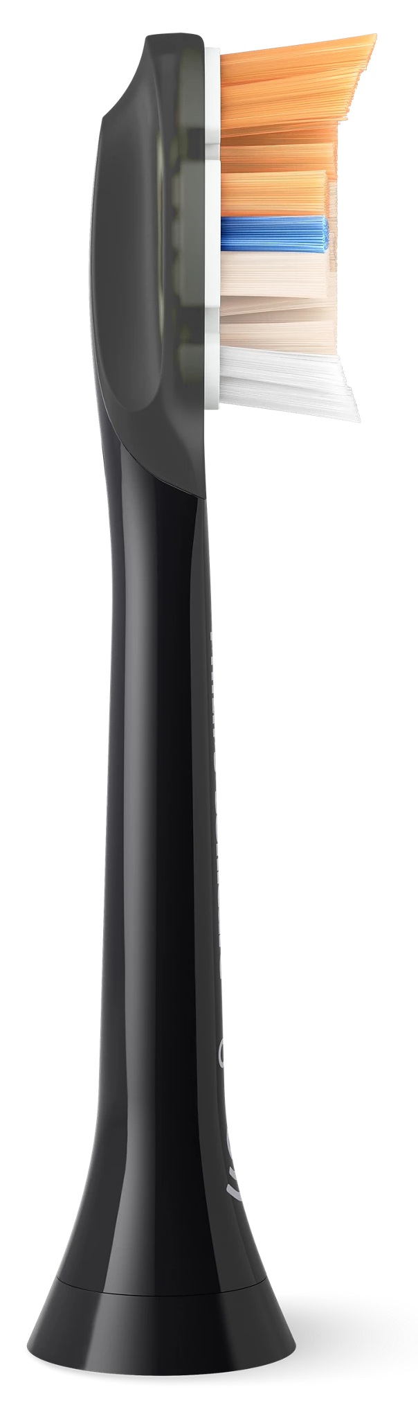 Czarna główka szczoteczki do zębów z pomarańczowym i białym włosiem.