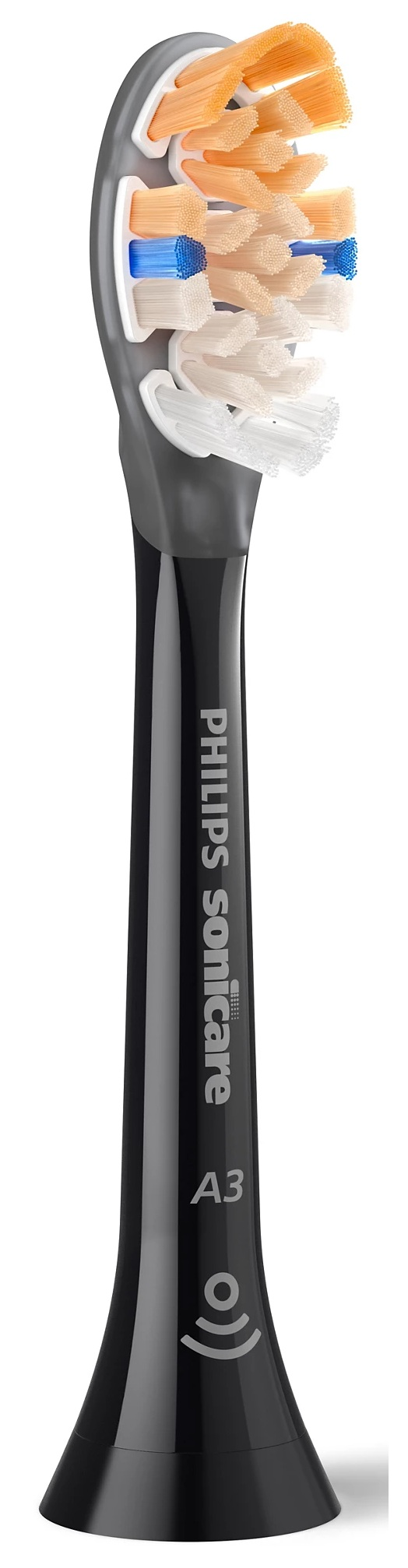 Czarna główka szczoteczki do zębów Philips Sonicare z pomarańczowym, białym i niebieskim włosiem.
