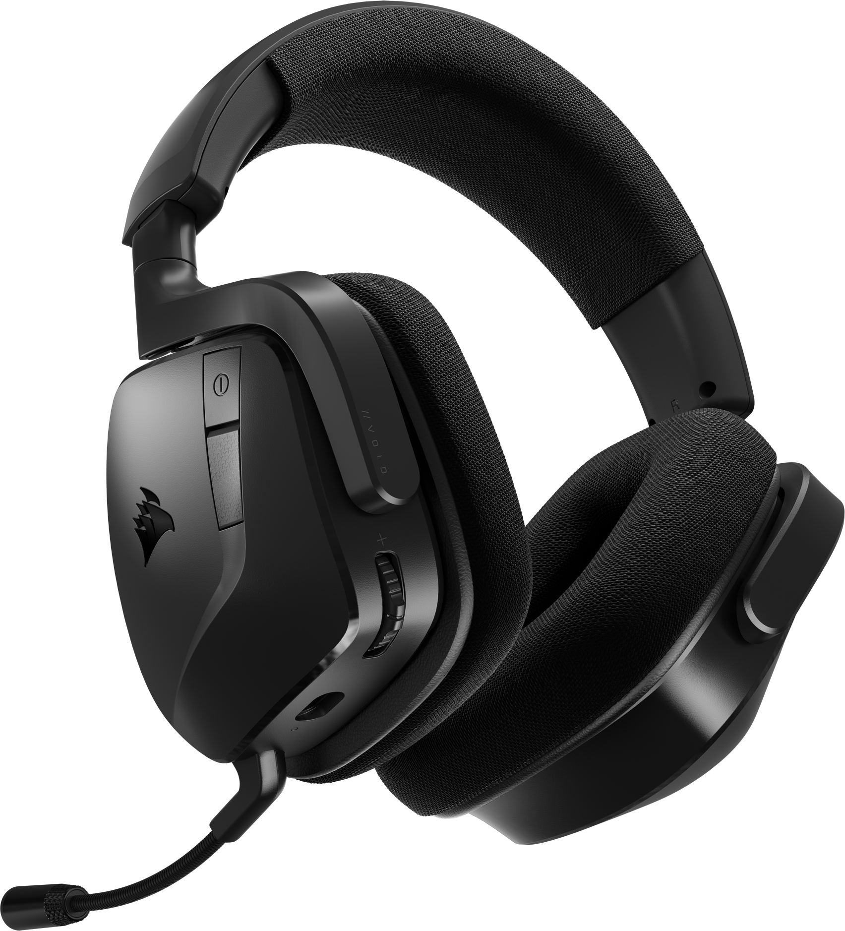 Schwarzes Corsair-Headset mit Mikrofon, schräge Ansicht.