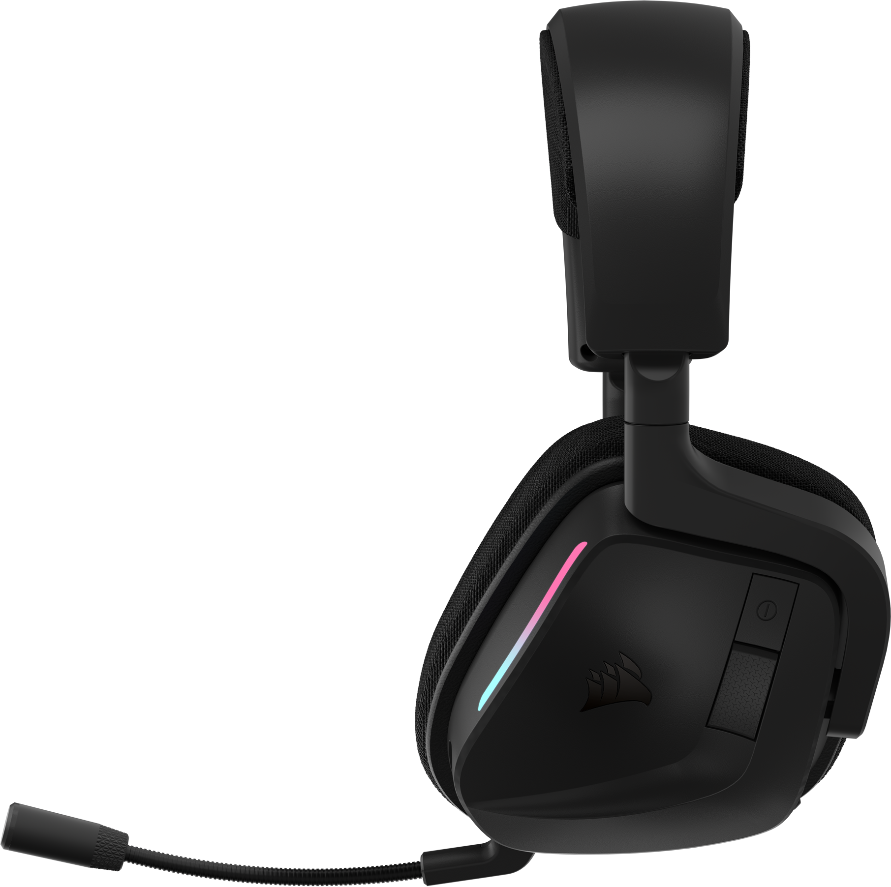 Schwarzes Gaming-Headset mit Mikrofon, beleuchtet mit bunten Lichtern. Corsair-Logo sichtbar.