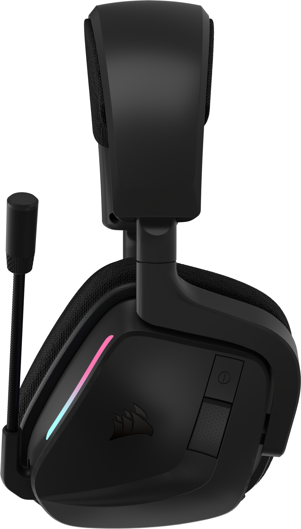 Schwarzes Gaming-Headset mit Mikrofon. Das Headset hat RGB-Lichter an der Seite.