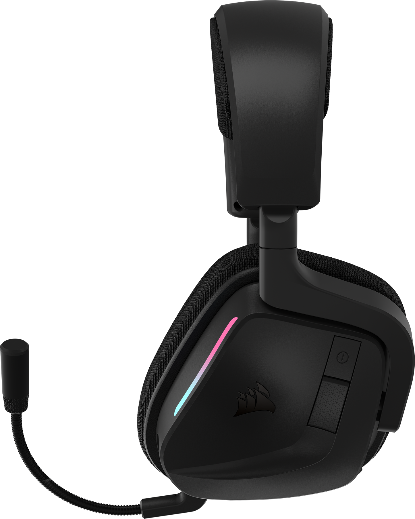 Schwarzes Gaming-Headset mit Mikrofon und Logo. Die Seite hat ein farbenfrohes Licht.