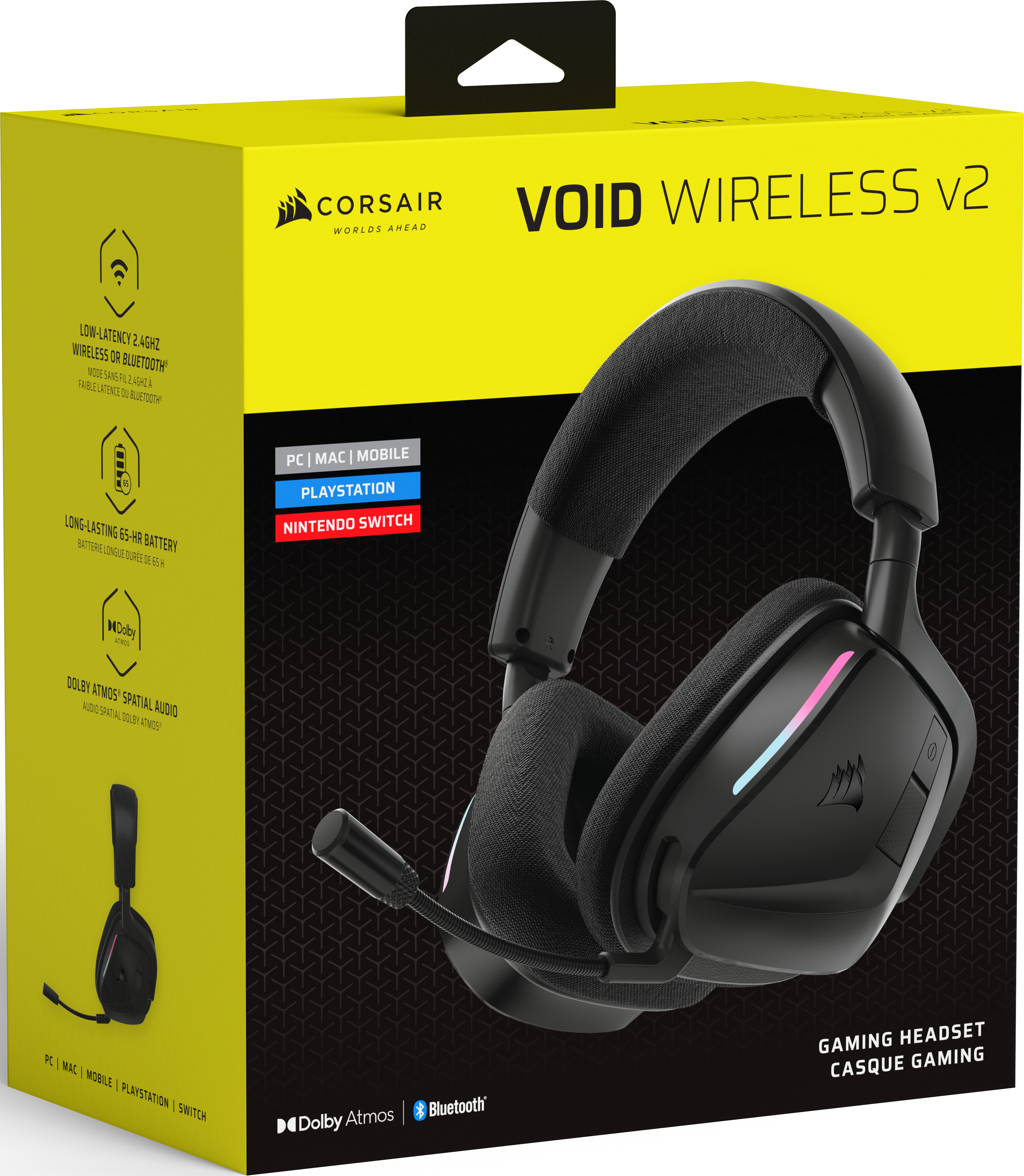 Verpacktes schwarzes Gaming-Headset mit Mikrofon. Es bietet geringe Latenz und Bluetooth.