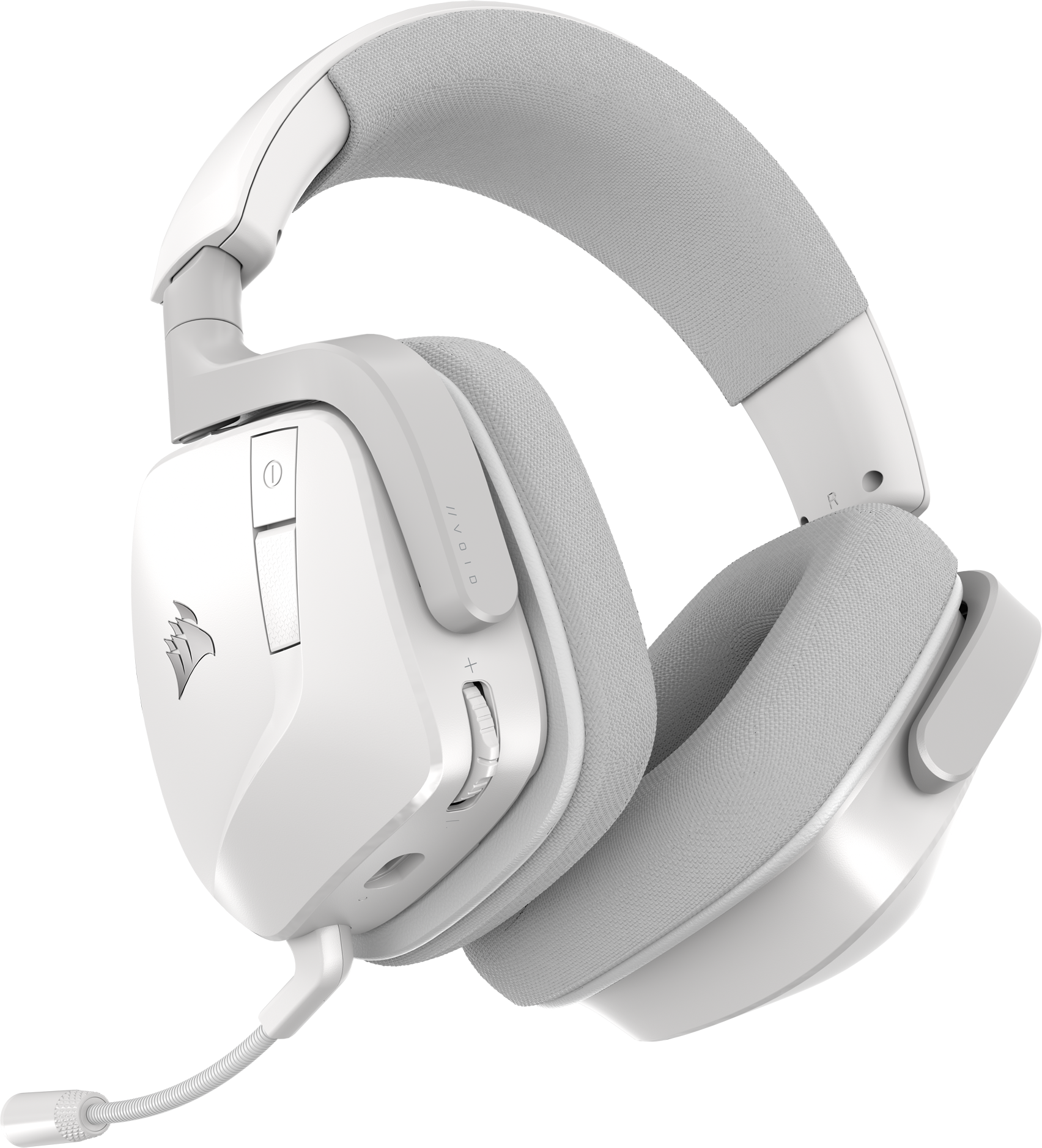 Casque de jeu blanc et gris, vue en angle.