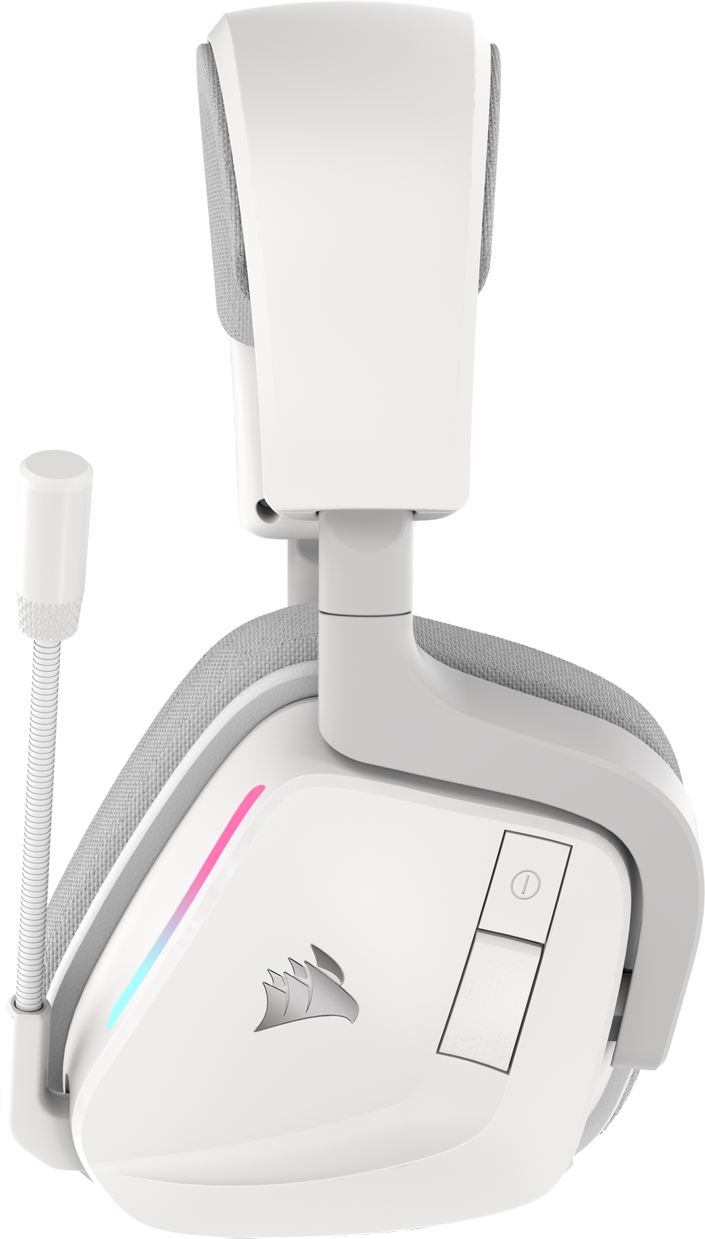 Casque de jeu blanc avec un microphone. Le casque a un logo et des commandes.