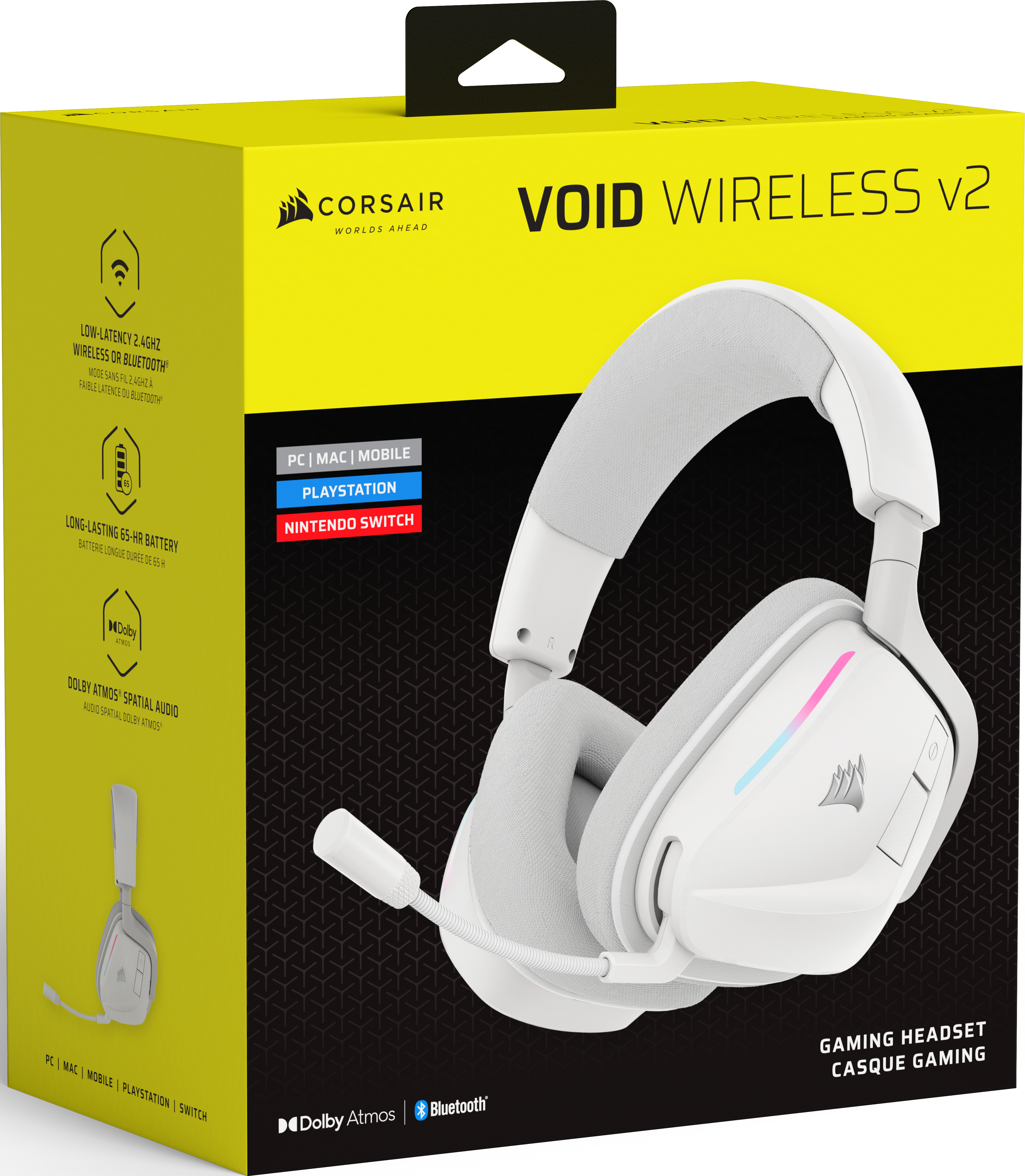 Casque Corsair blanc sur boîte jaune. Caractéristiques : Dolby Atmos, Bluetooth, sans fil et batterie longue.