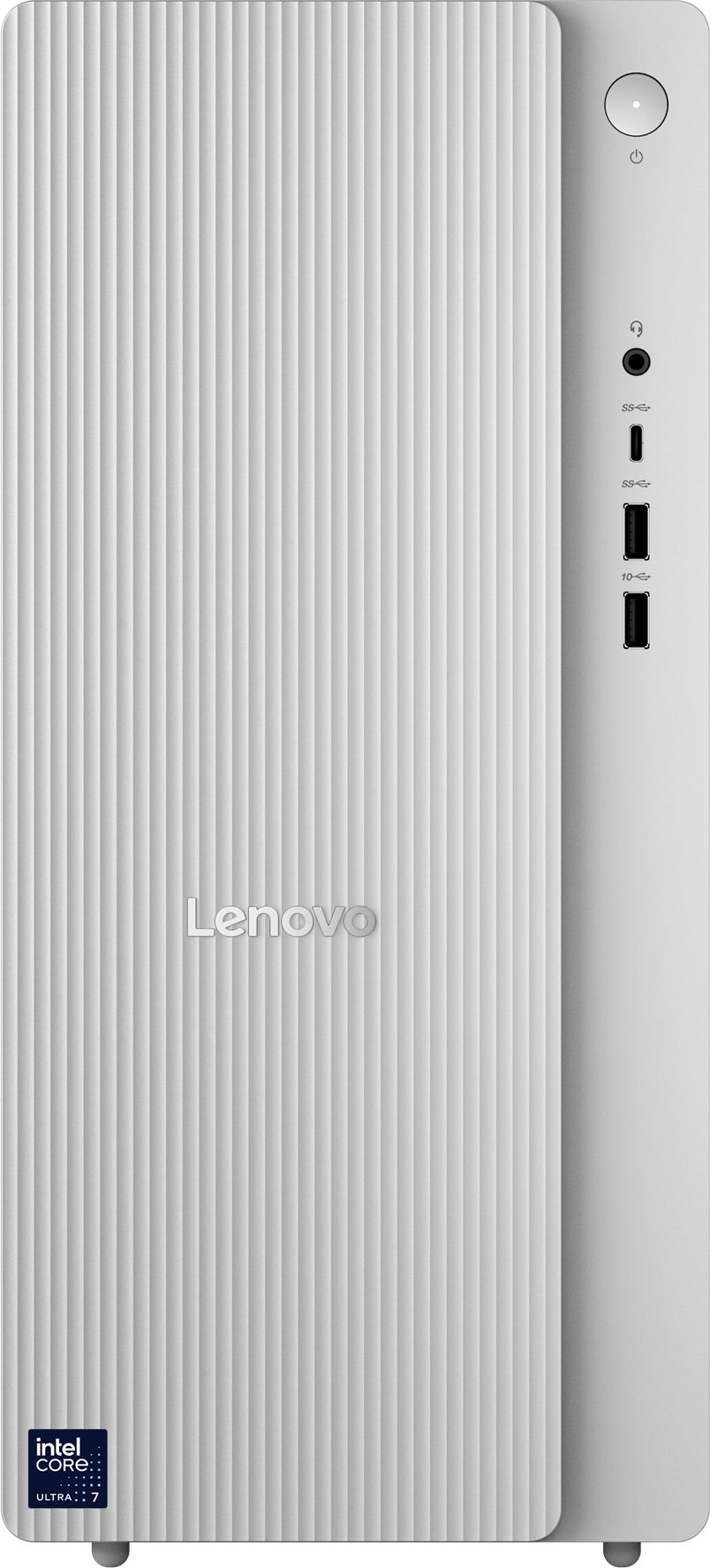 Ein weißer Lenovo-Desktop-Computer mit vertikalen Linien auf der Frontplatte.