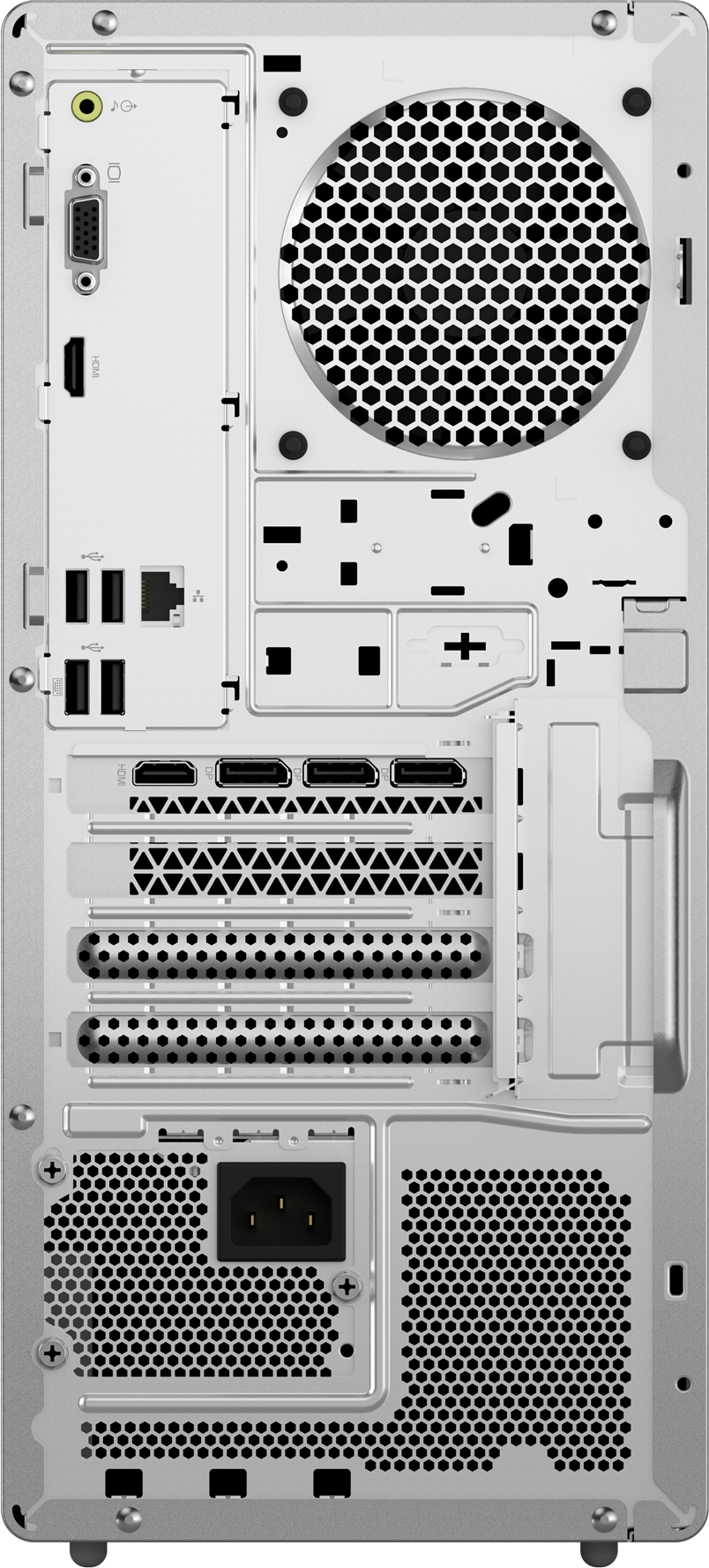 Rückansicht eines silbernen Desktop-Computers. Verfügt über verschiedene Anschlüsse, Lüfter und einen Griff.