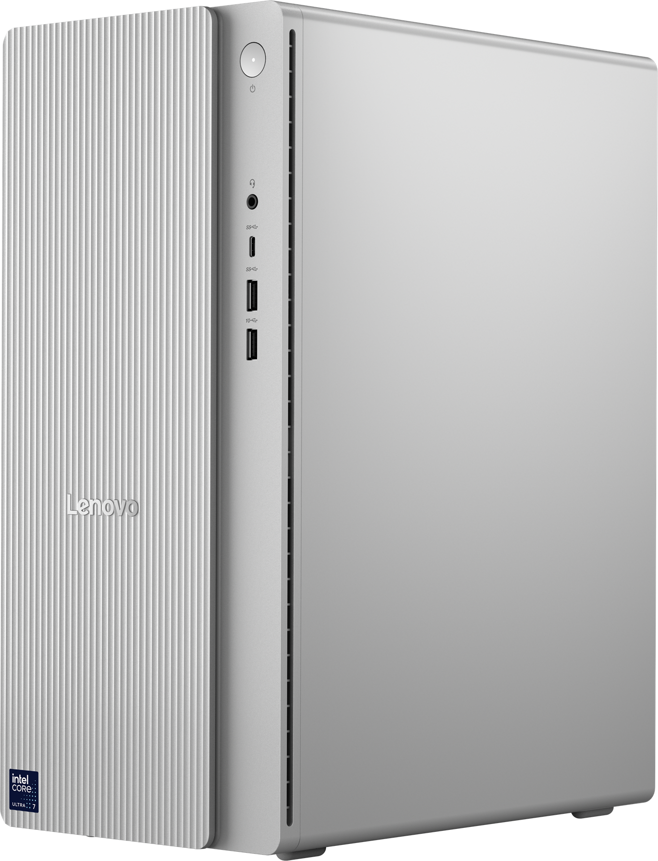 Silberner Lenovo PC-Turm. Die Vorderseite hat vertikale Linien und das Lenovo-Logo. Anschlüsse sind sichtbar.