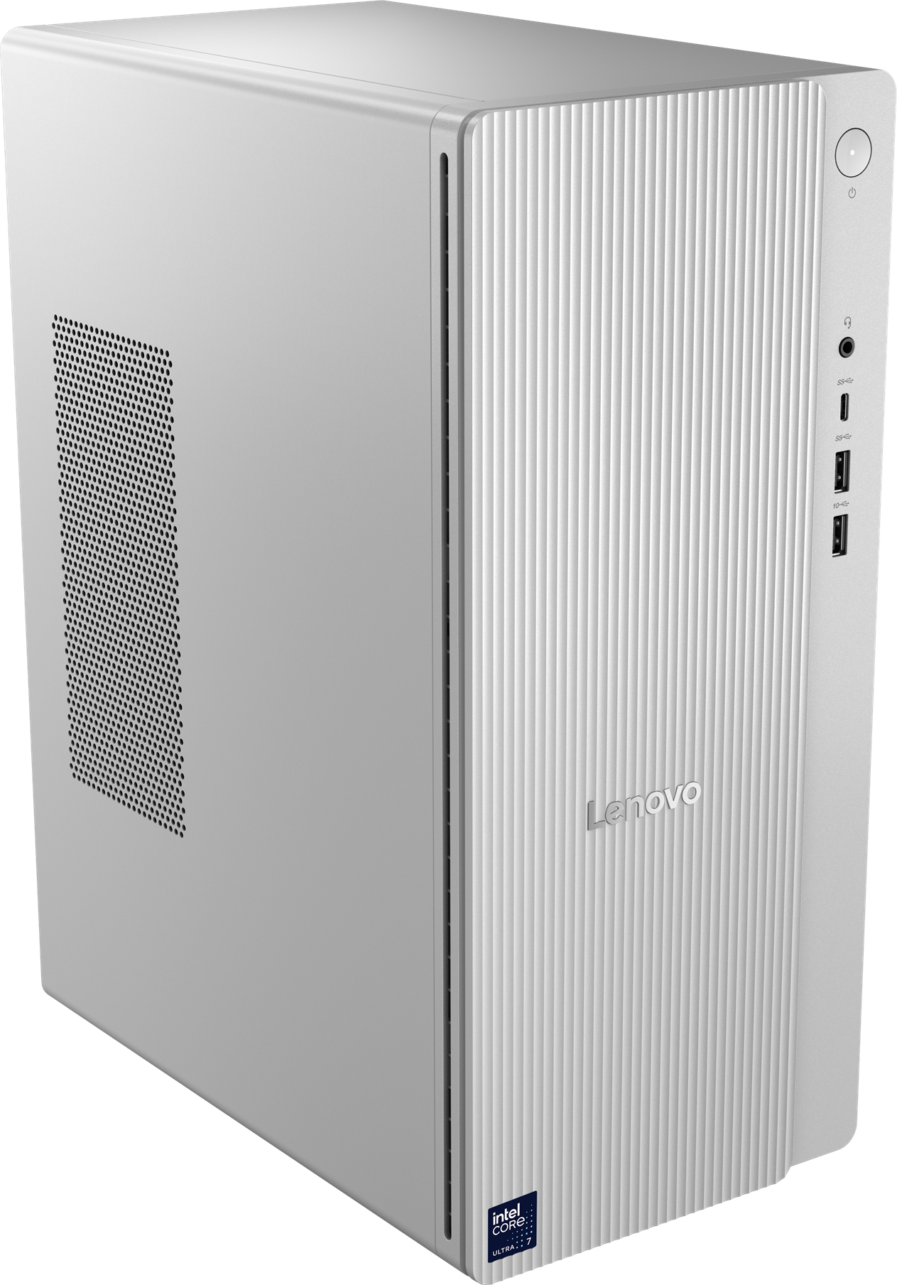 Ein silberner Lenovo-Desktop-Computer mit vertikalen Linien auf der Vorderseite. Es hat Anschlüsse und das Intel-Logo an der Seite.