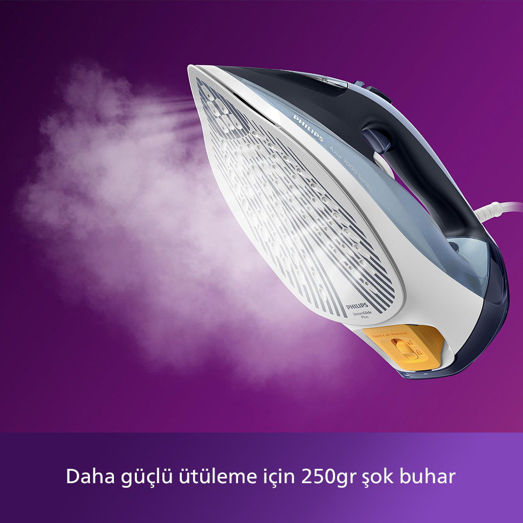Mor bir arka plan üzerinde ütü buharı. Daha güçlü ütüleme için 250g buhar hakkında metin.