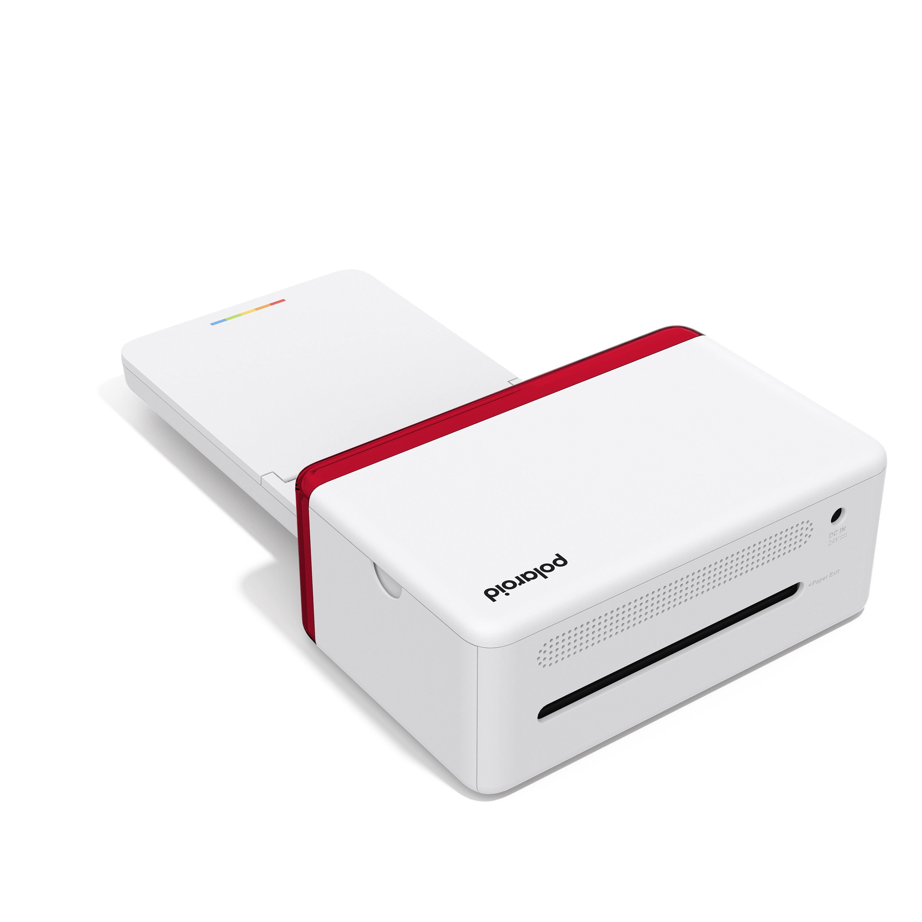 Polaroid fotoğraf yazıcısı, beyaz ve kırmızı detaylı. Açık, kağıt tepsisi uzatılmış.