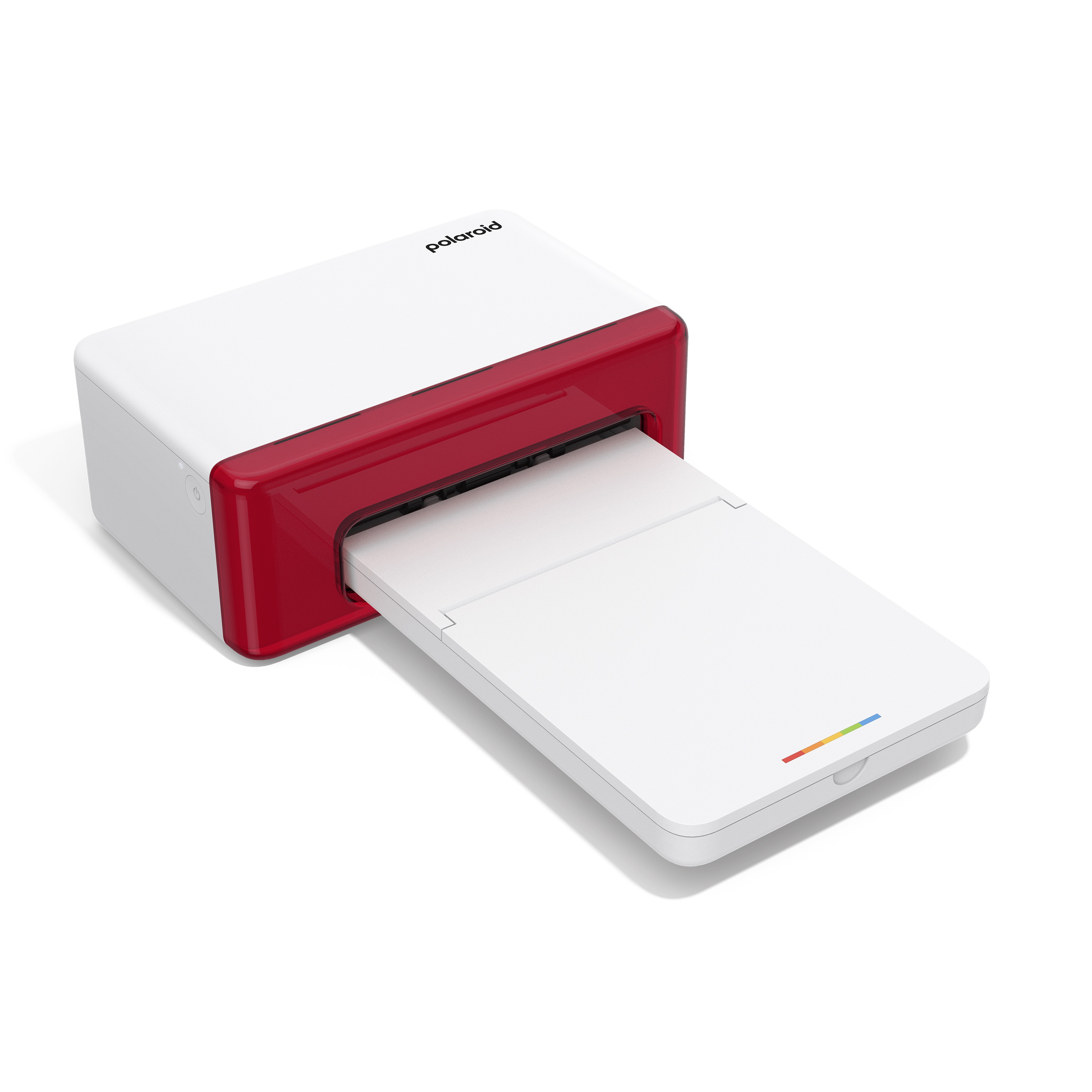 Kısmen dışarı atılmış bir fotoğrafı olan beyaz ve kırmızı bir Polaroid fotoğraf yazıcısı.