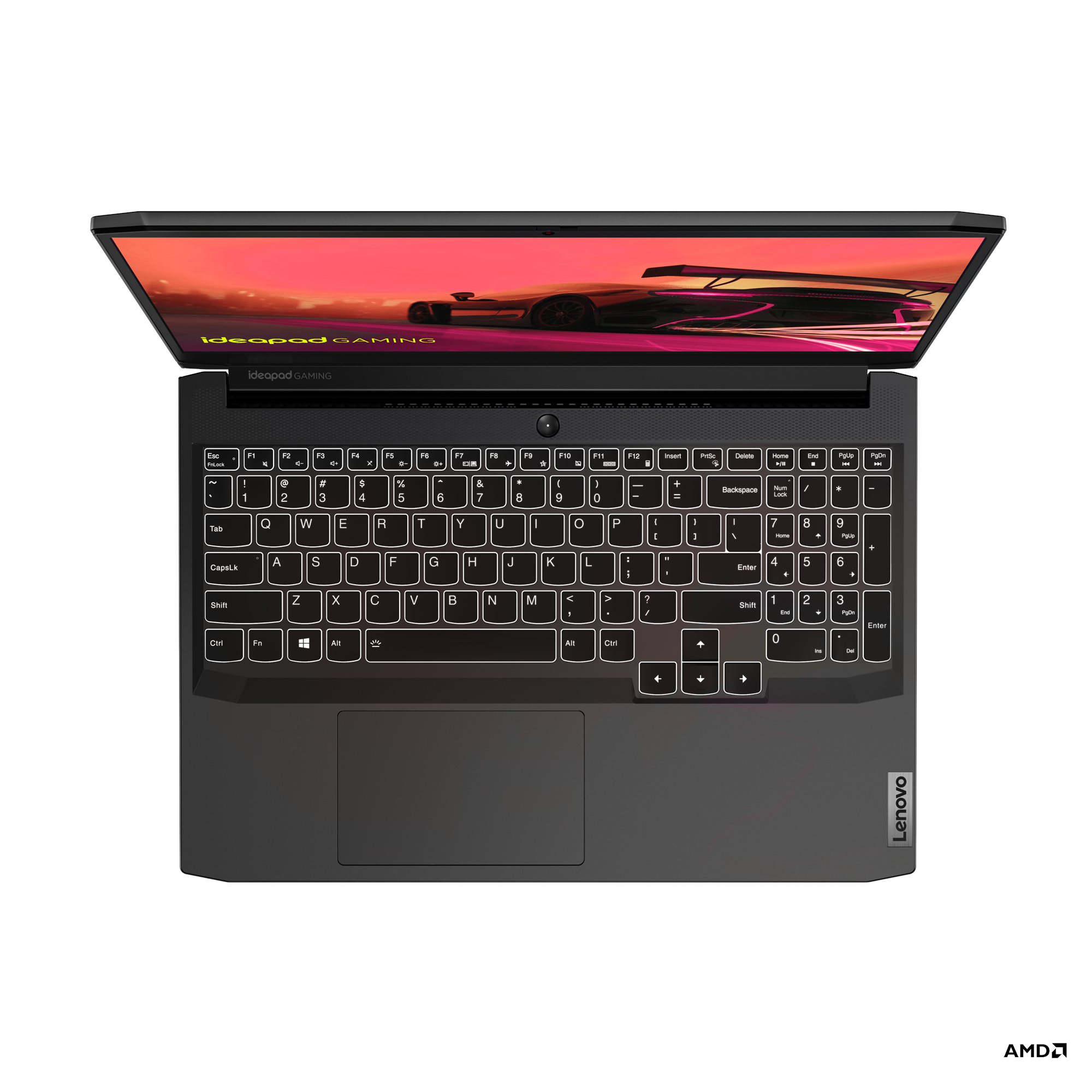 Siyah bir yüzey üzerinde siyah bir Lenovo Ideapad oyun dizüstü bilgisayarının üstten görünümü.